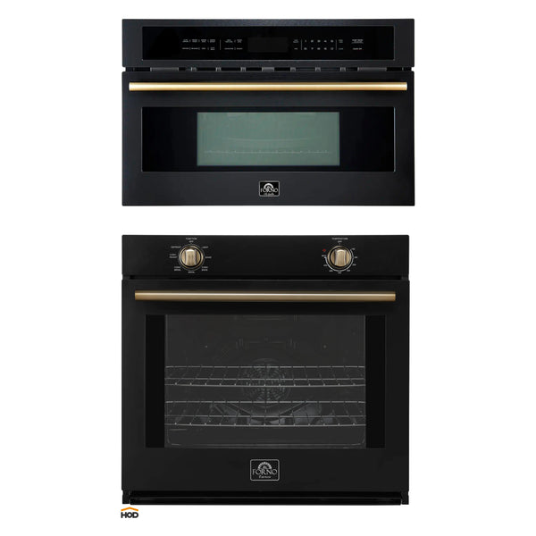 Forno 2-Piece Appliance Package - 30-Inch Vomero Wall Oven & 30-Inch Microwave Oven in Black with Antique Brass Handle