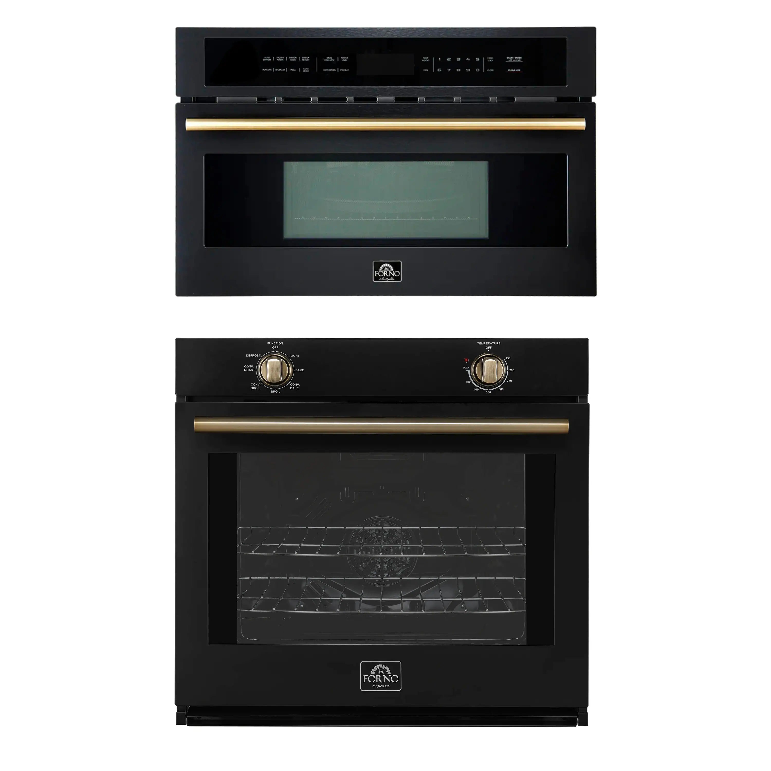 Black wall oven and microwave stack with antique brass accents and oven door open
