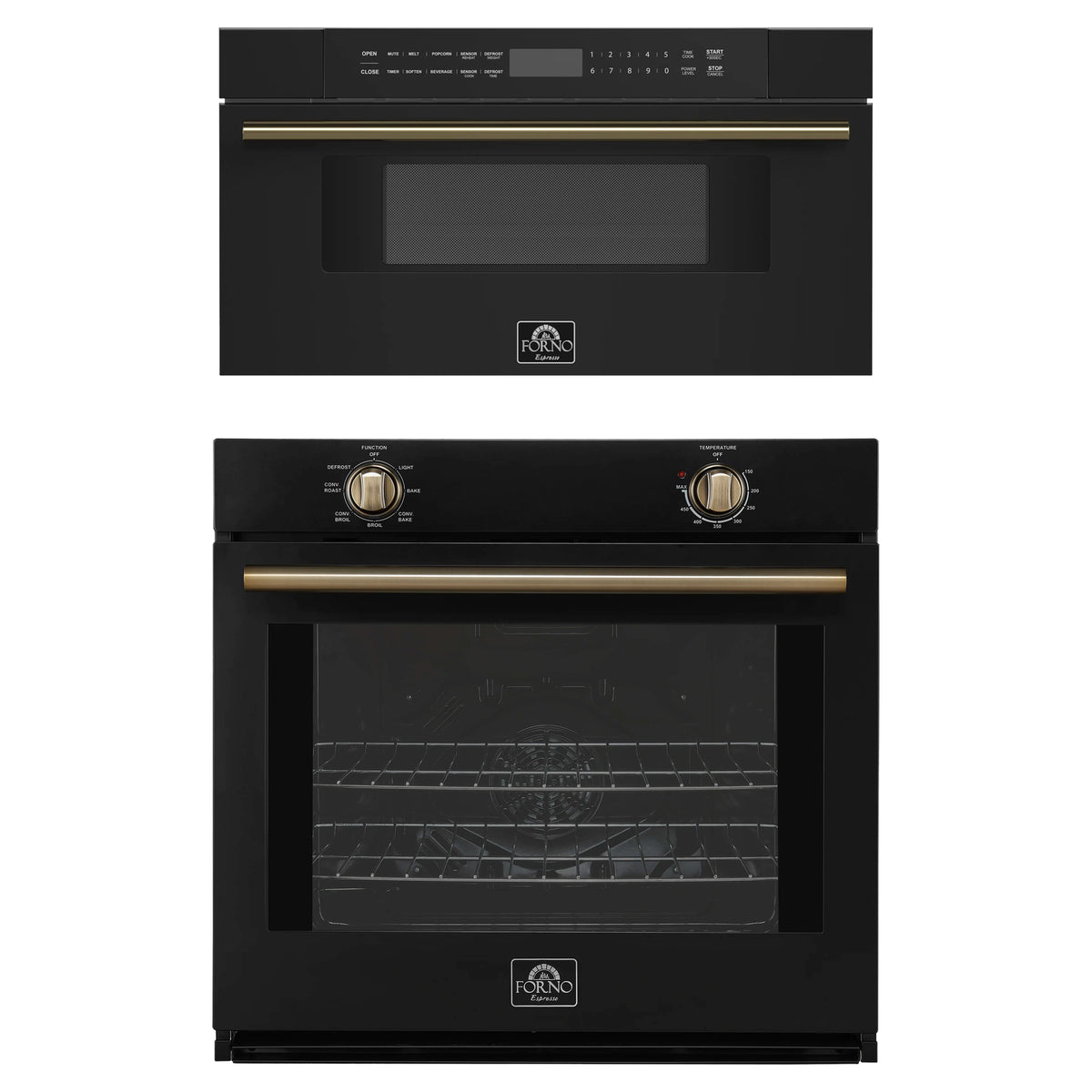 Forno 2-Piece Appliance Package - 30-Inch Vomero Wall Oven & 30-Inch Microwave Drawer in Black with Antique Brass Trim