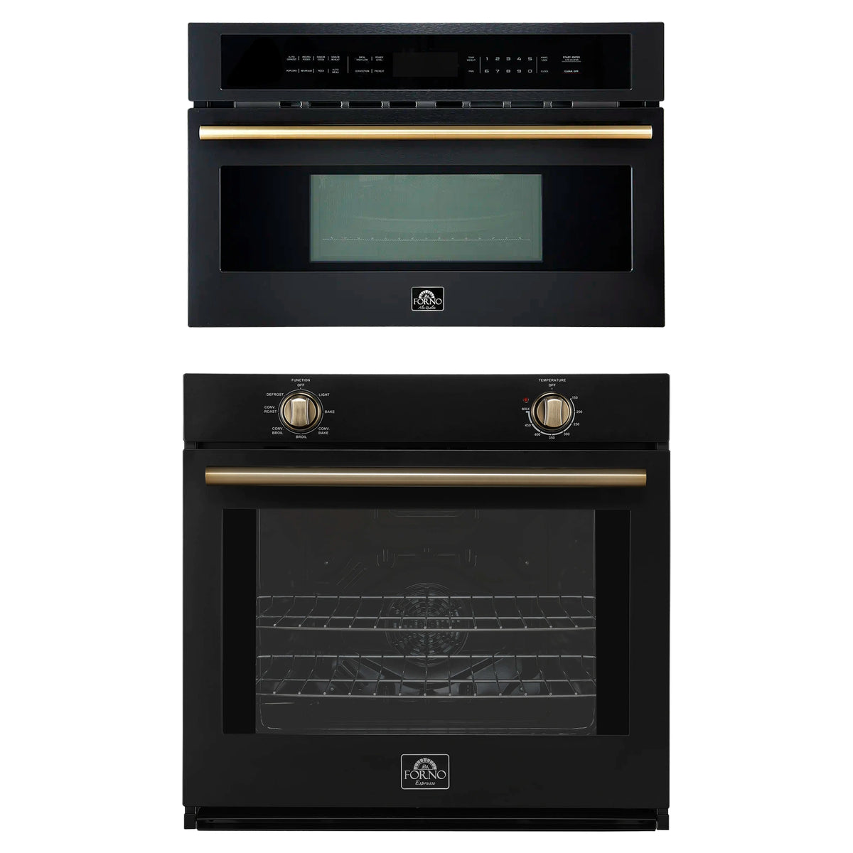 Forno 2-Piece Appliance Package - 30-Inch Vomero Wall Oven & 30-Inch Microwave Oven in Black with Antique Brass Trim