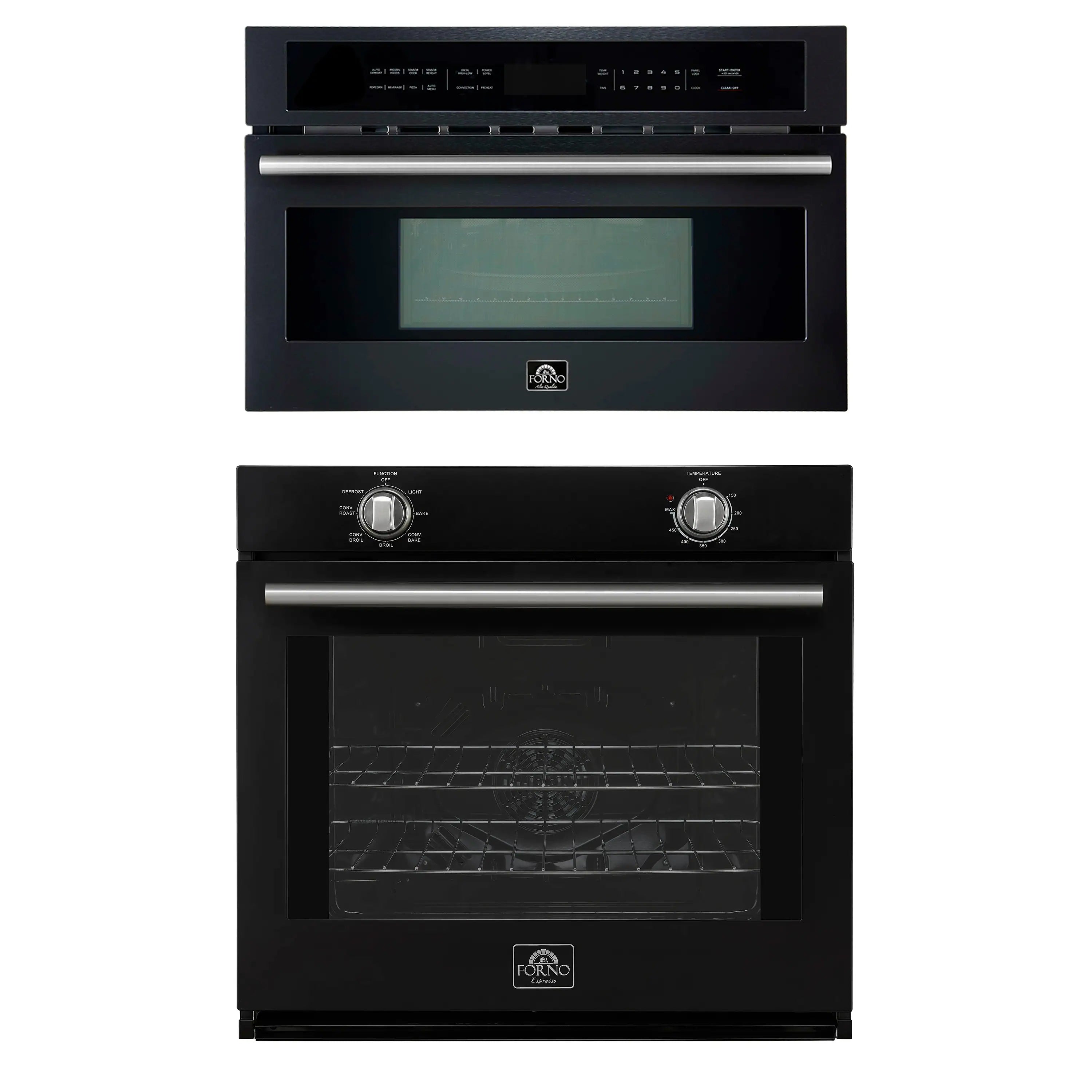 Stacked black built-in wall oven and microwave with front digital displays