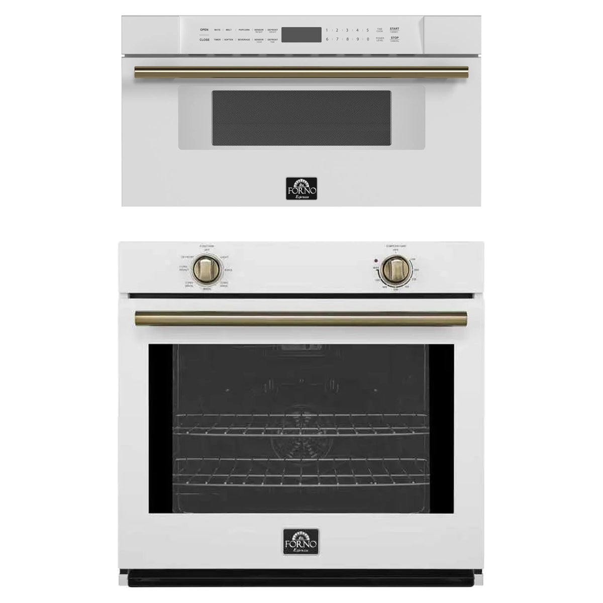 Forno 2-Piece Appliance Package - 30-Inch Vomero Wall Oven & 30-Inch Microwave Drawer in White with Antique Brass Trim