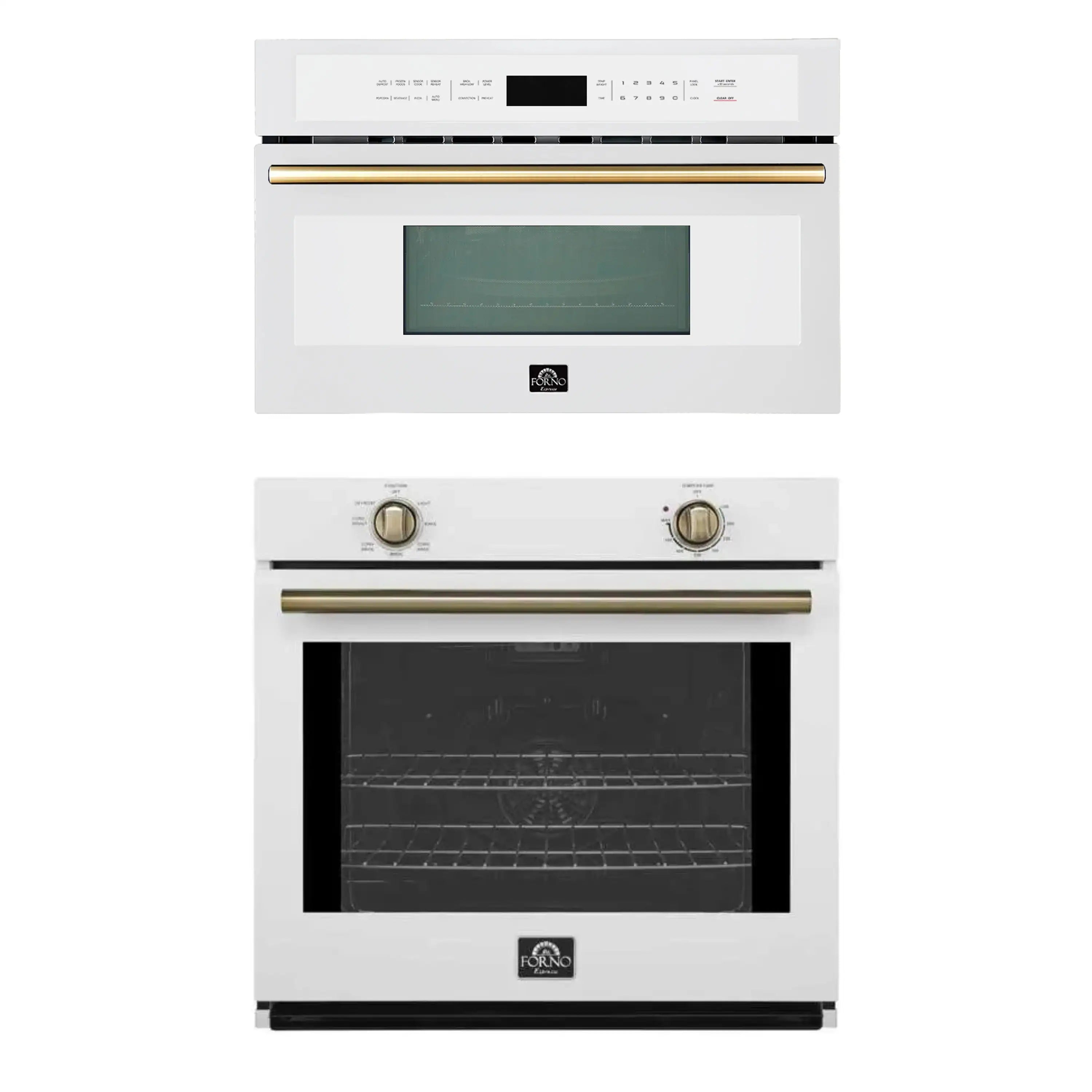 White wall oven with digital control panel above and glass door below, brass trim