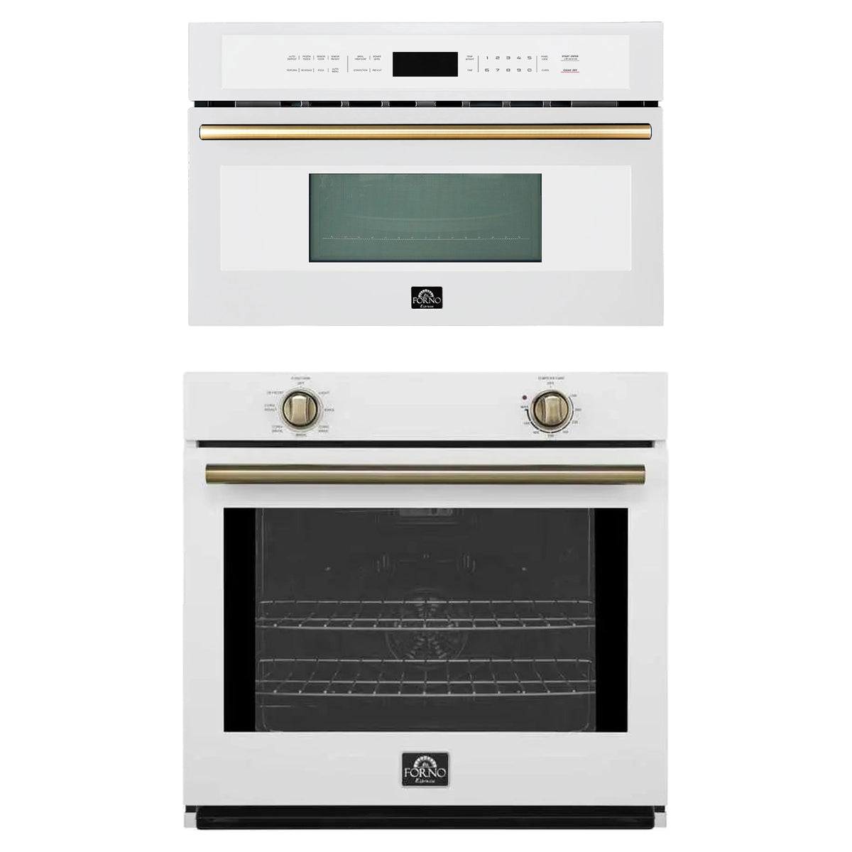 Forno 2-Piece Appliance Package - 30-Inch Vomero Wall Oven & 30-Inch Microwave Oven in White with Antique Brass Trim