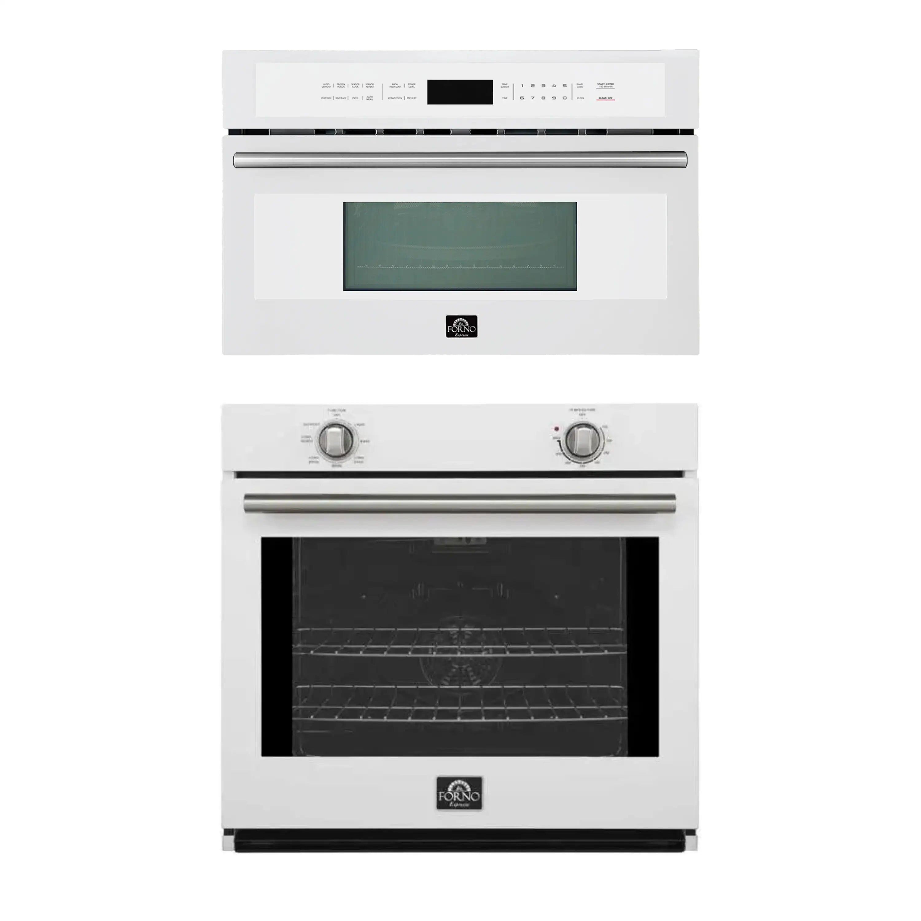 White wall oven with microwave above, black glass door and two control knobs