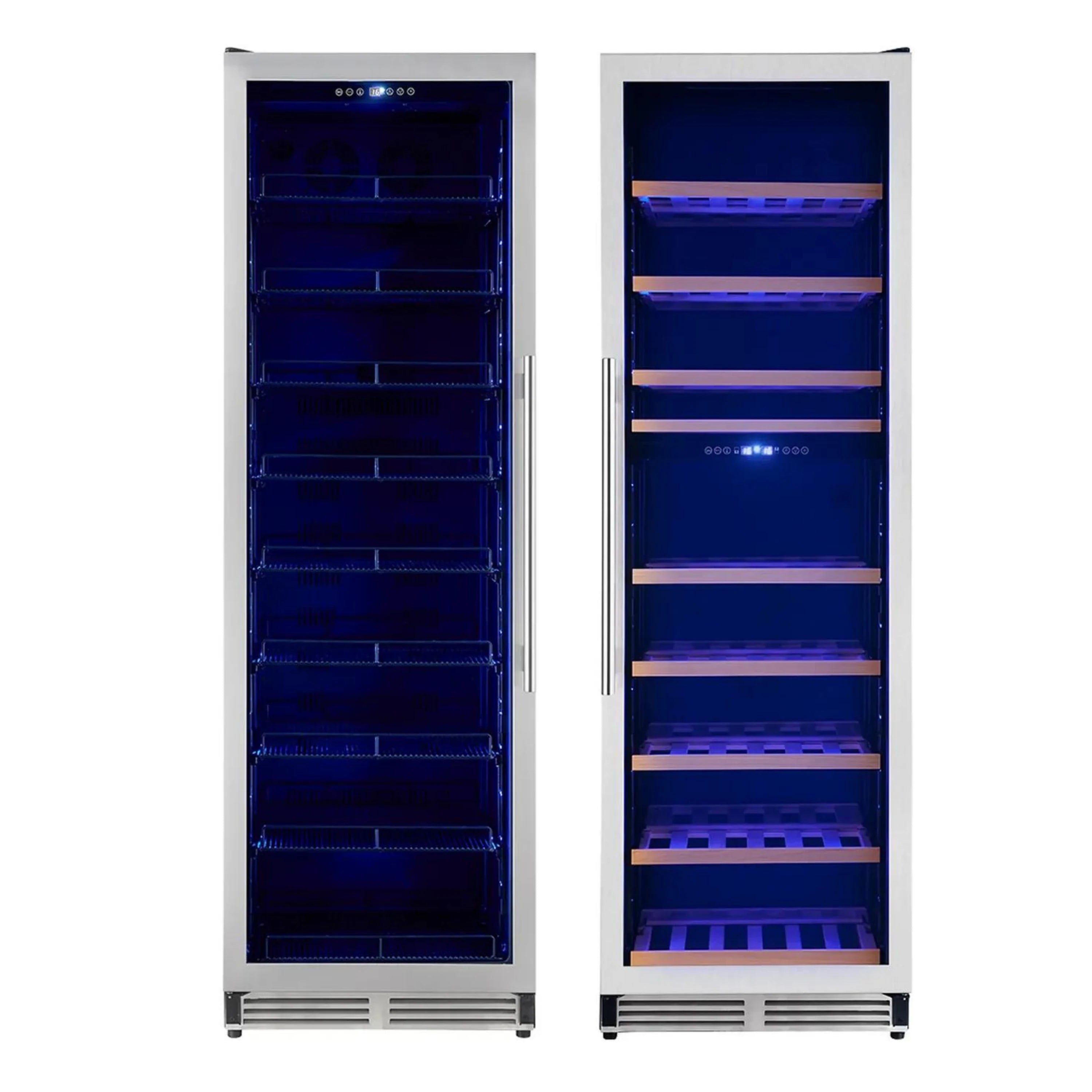 Left and right view of stainless beverage cooler with blue LED interior racks