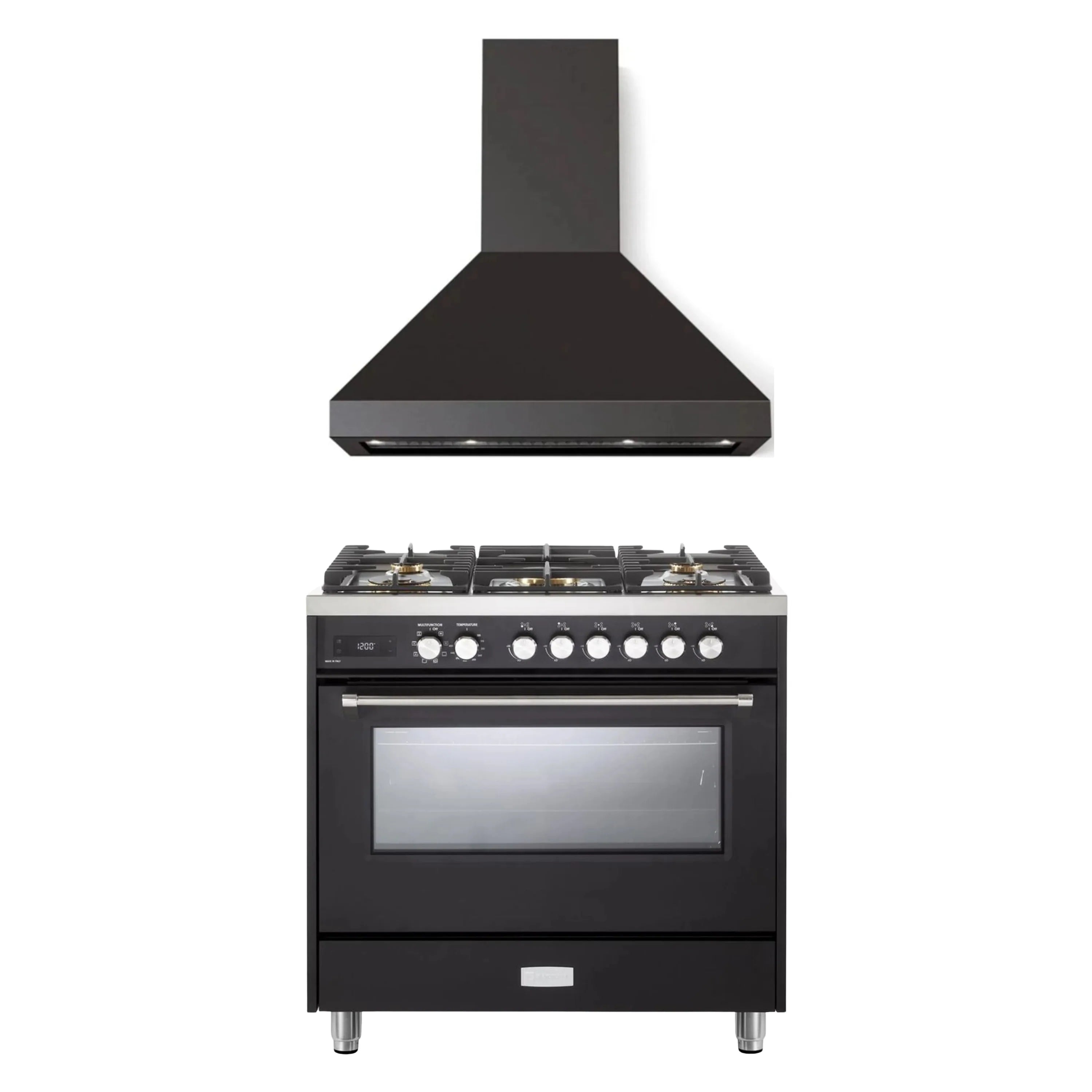 Black dual fuel range with 5 sealed burners and wall hood, front view