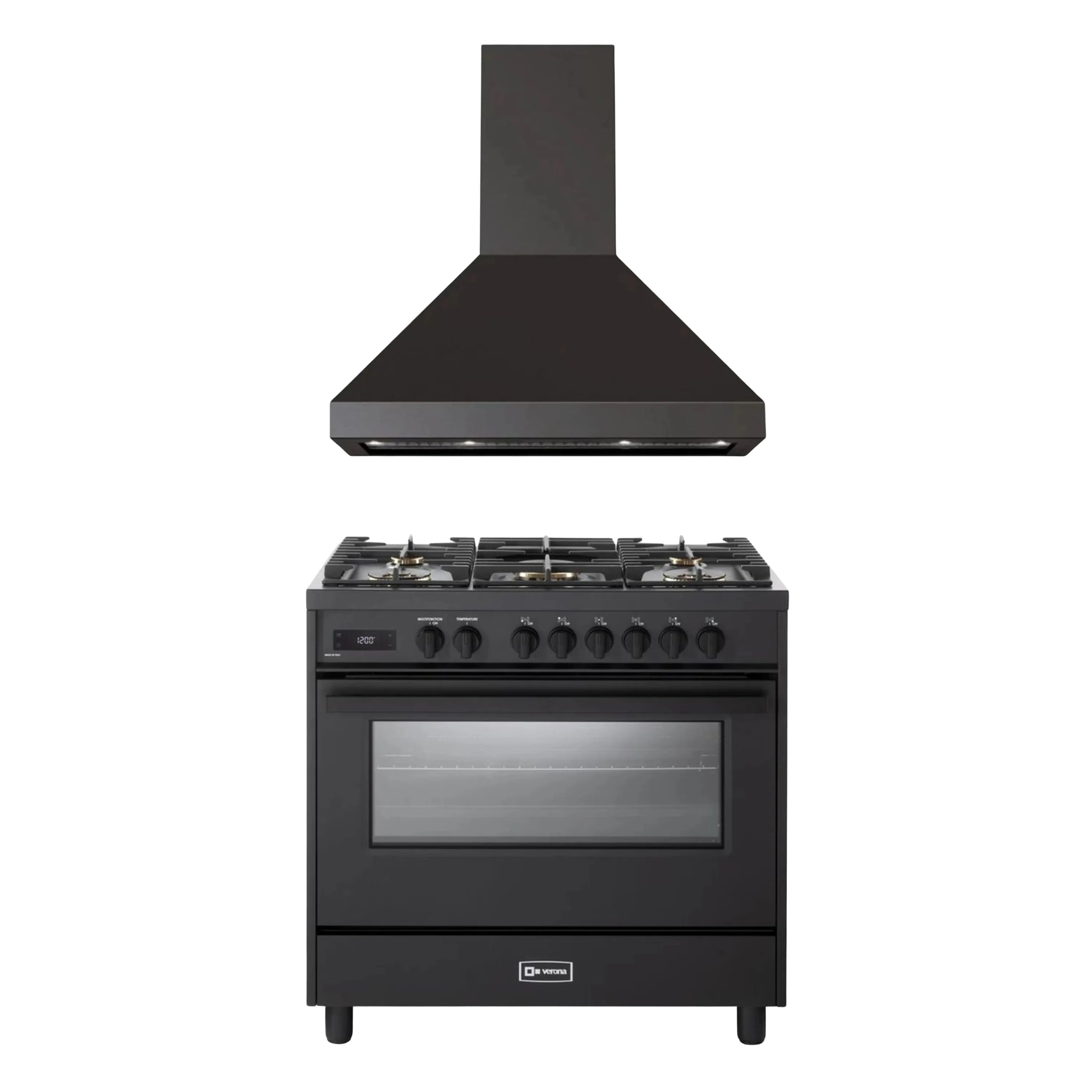 Black dual fuel range with five burners and oven door under wall-mount range hood