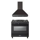 Verona 2-Piece Appliance Package - 36-Inch Dual Fuel Range with 5 Sealed Burners and Wall Mount Range Hood in Black