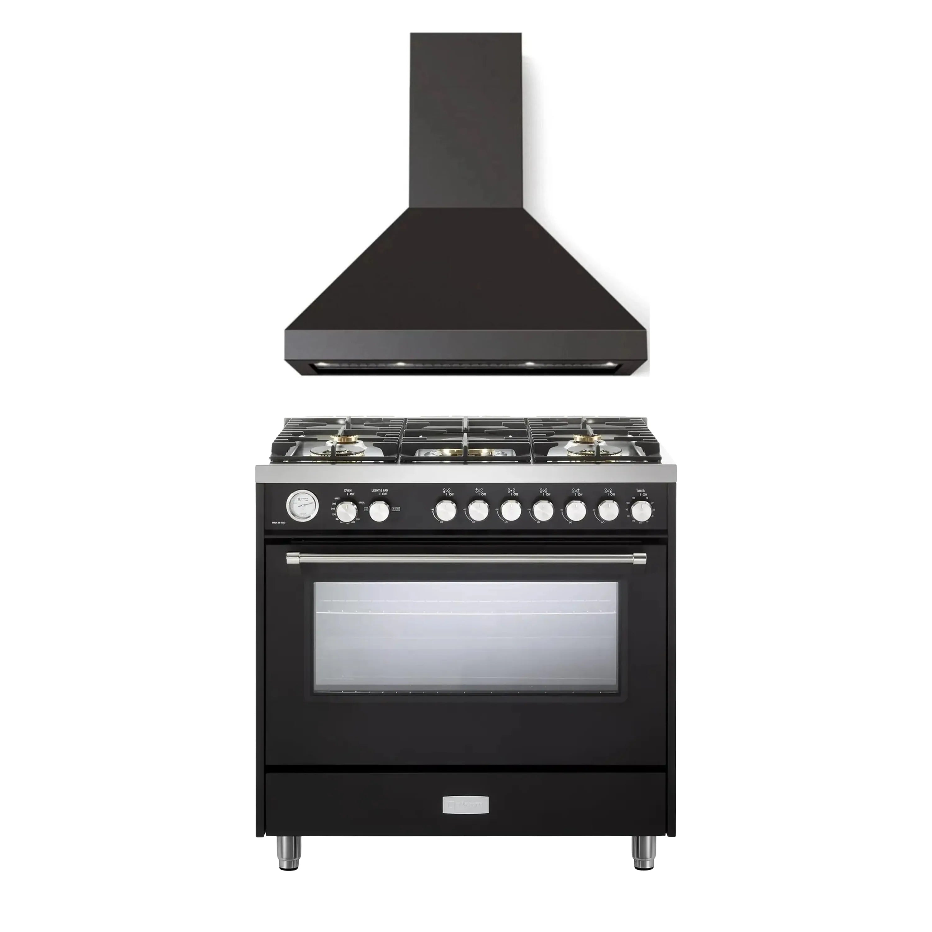 Black gas range and wall-mounted range hood appliance set