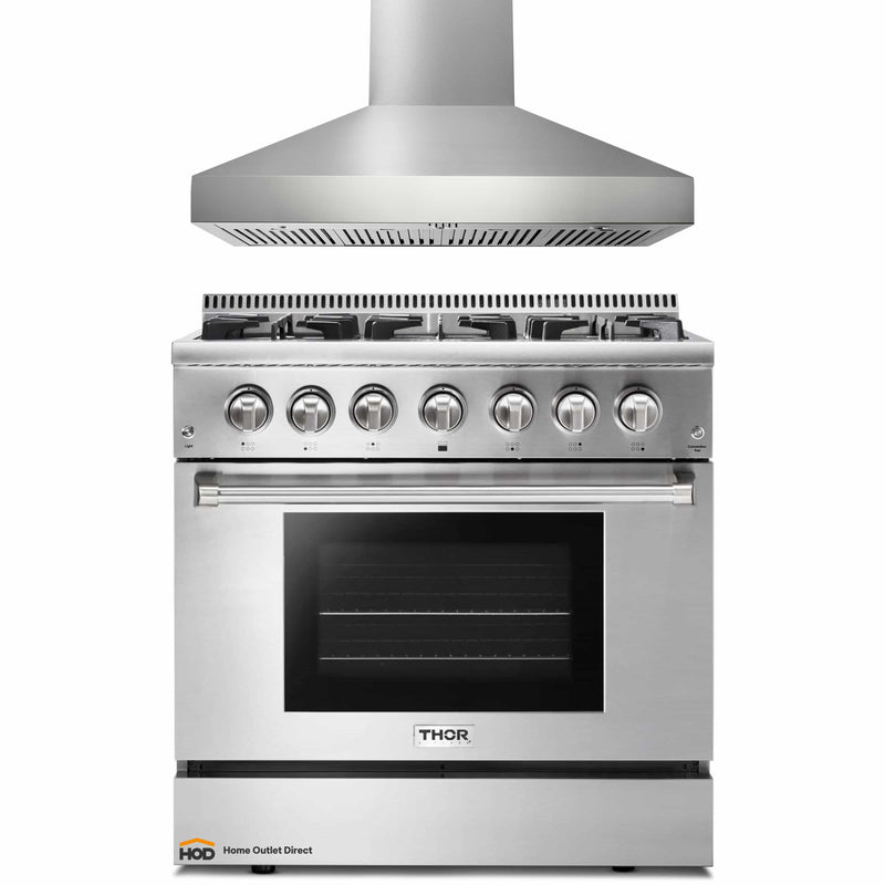 Thor Kitchen 2-Piece Pro Appliance Package - 36-Inch Dual Fuel Range with Propane Gas Cooktop  & Pro-Style Wall Mount Hood in Stainless Steel