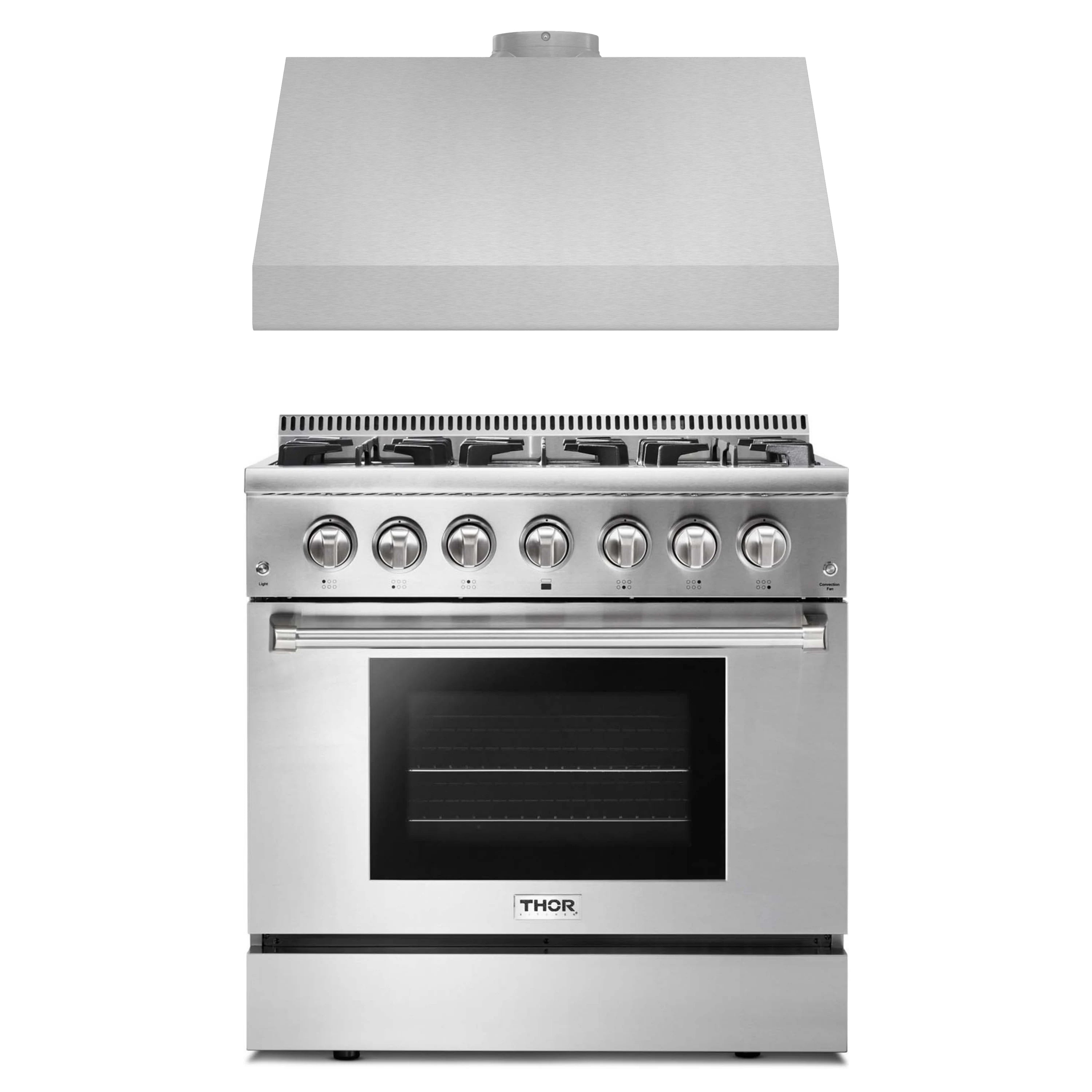 Stainless steel dual fuel range with six burners and oven door, Thor logo