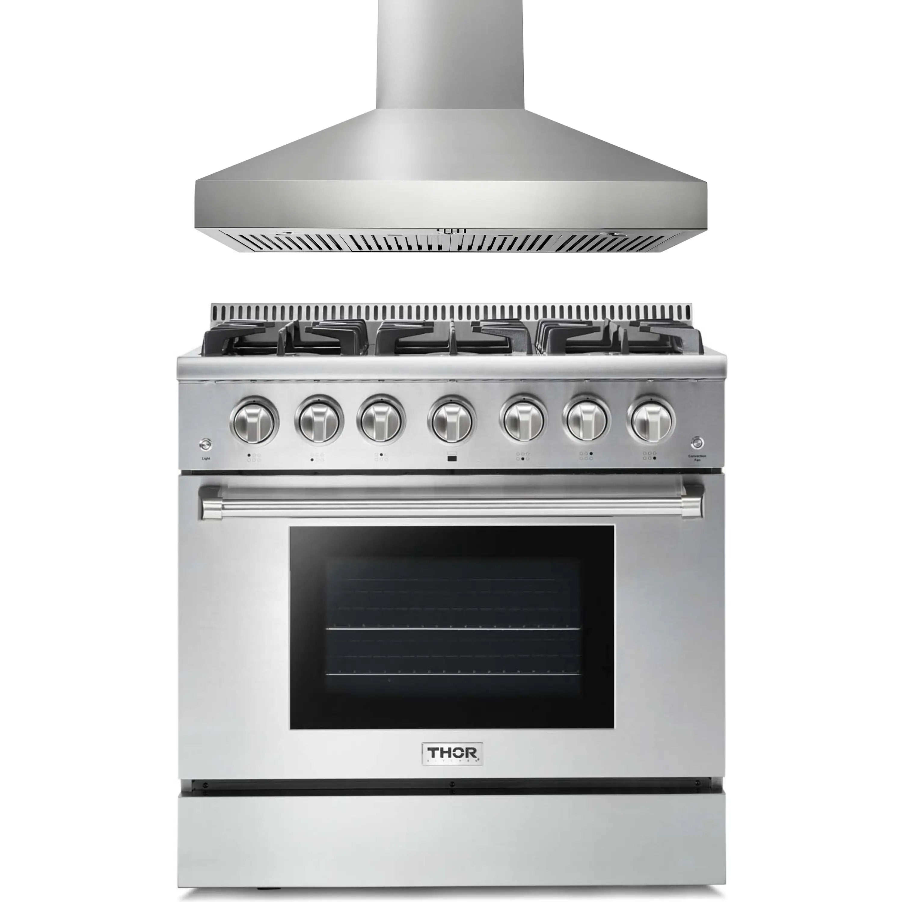 Thor stainless steel gas range with wall-mount hood, six burner knobs and oven door