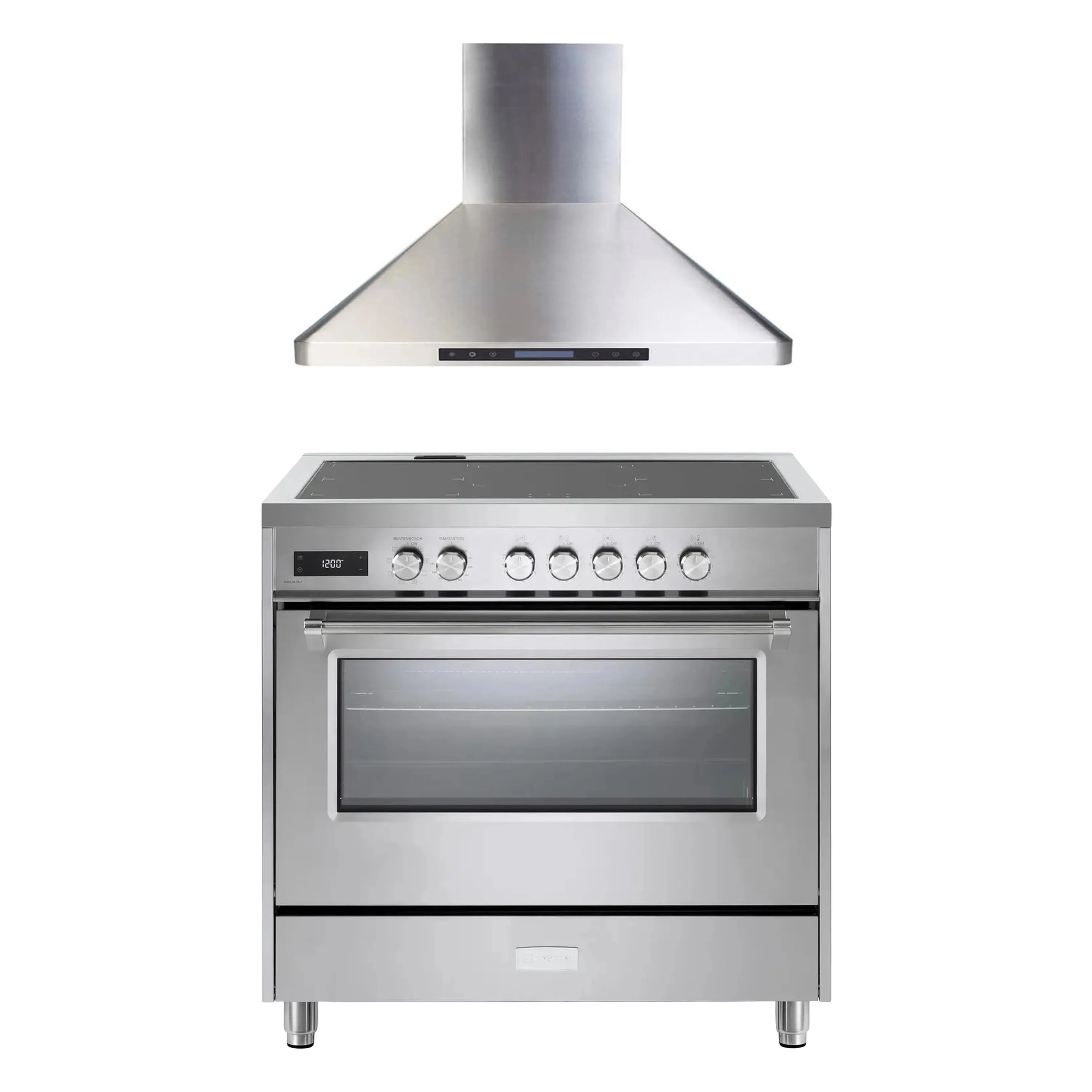 Stainless steel induction range with oven window and wall-mounted hood