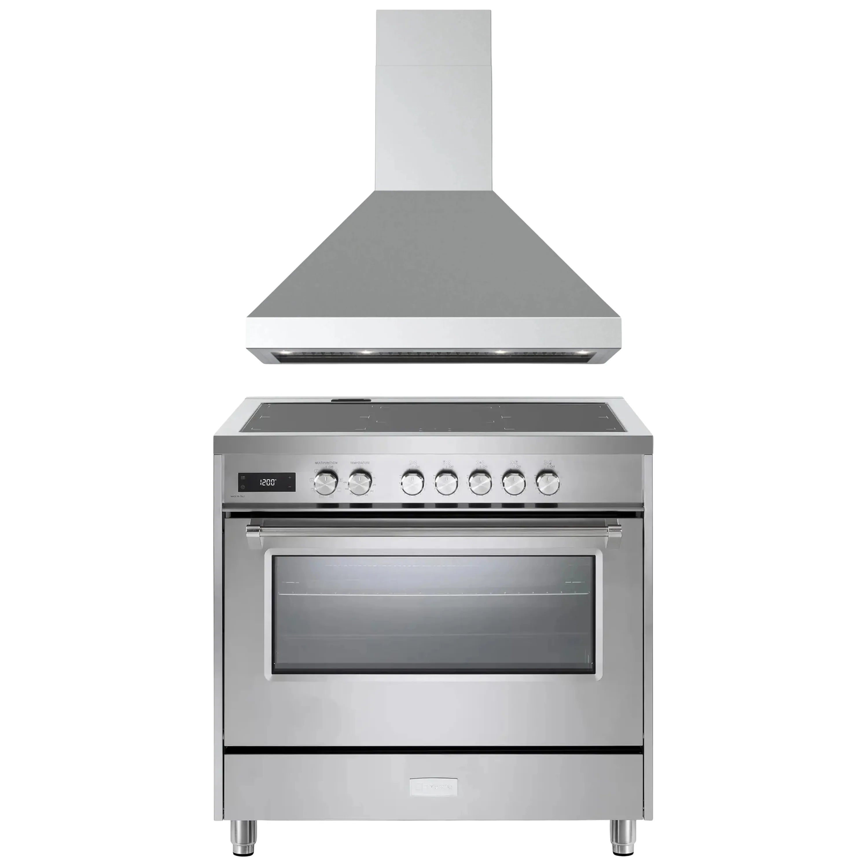 Stainless steel induction range with oven door and control panel beneath hood