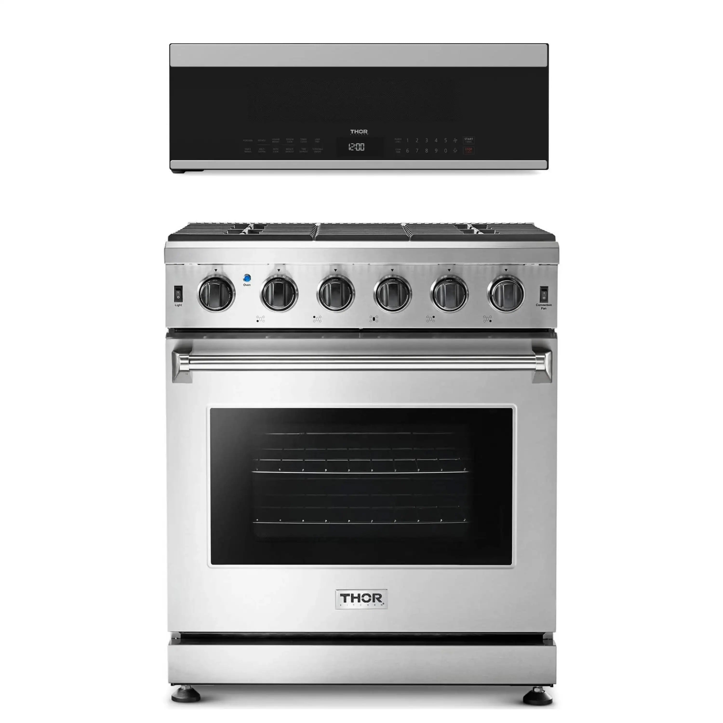 Stainless steel gas range with black control panel, knobs, and windowed oven door