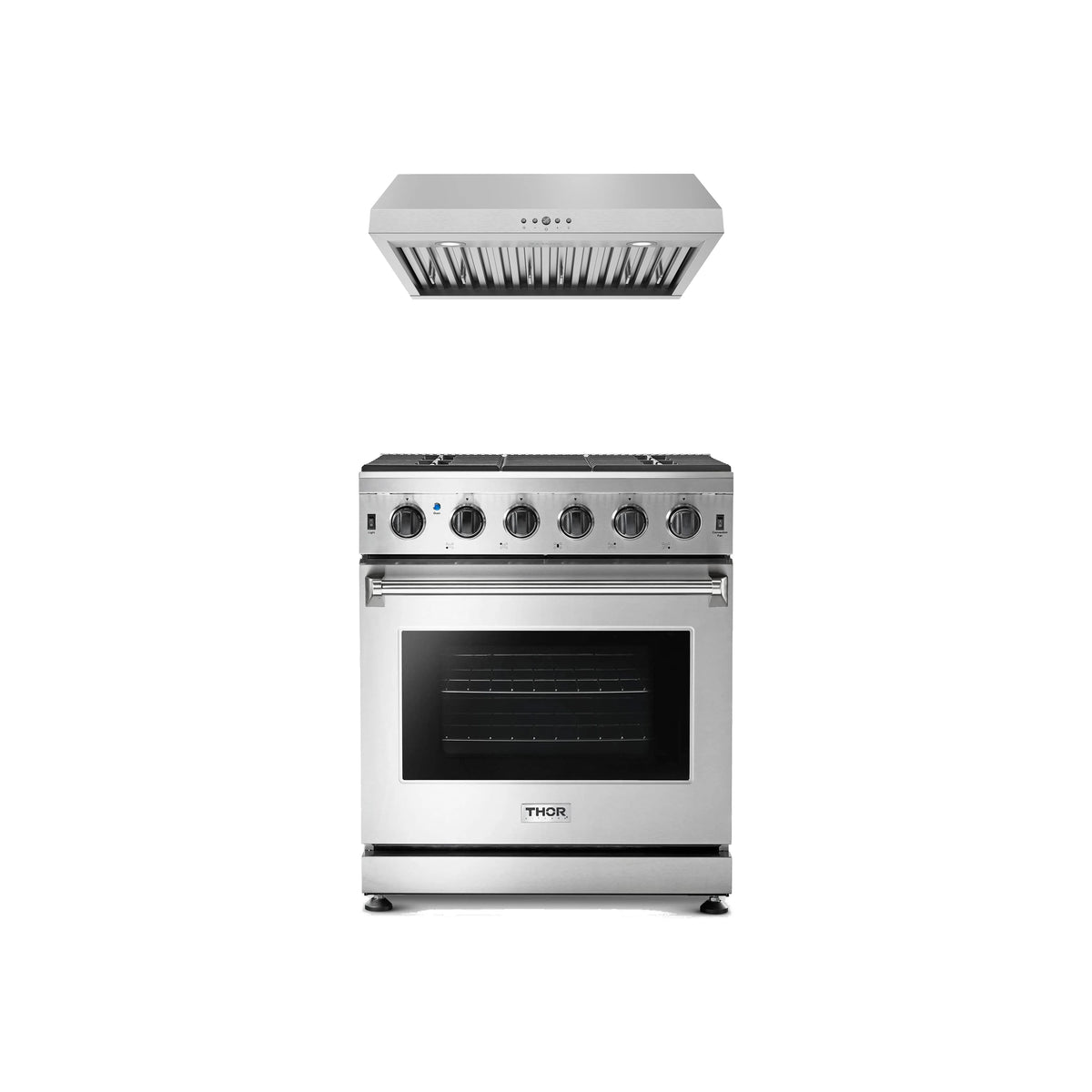 Thor Kitchen 2-Piece Appliance Package - 30-Inch Natural Gas Range & Under Cabinet Hood in Stainless Steel