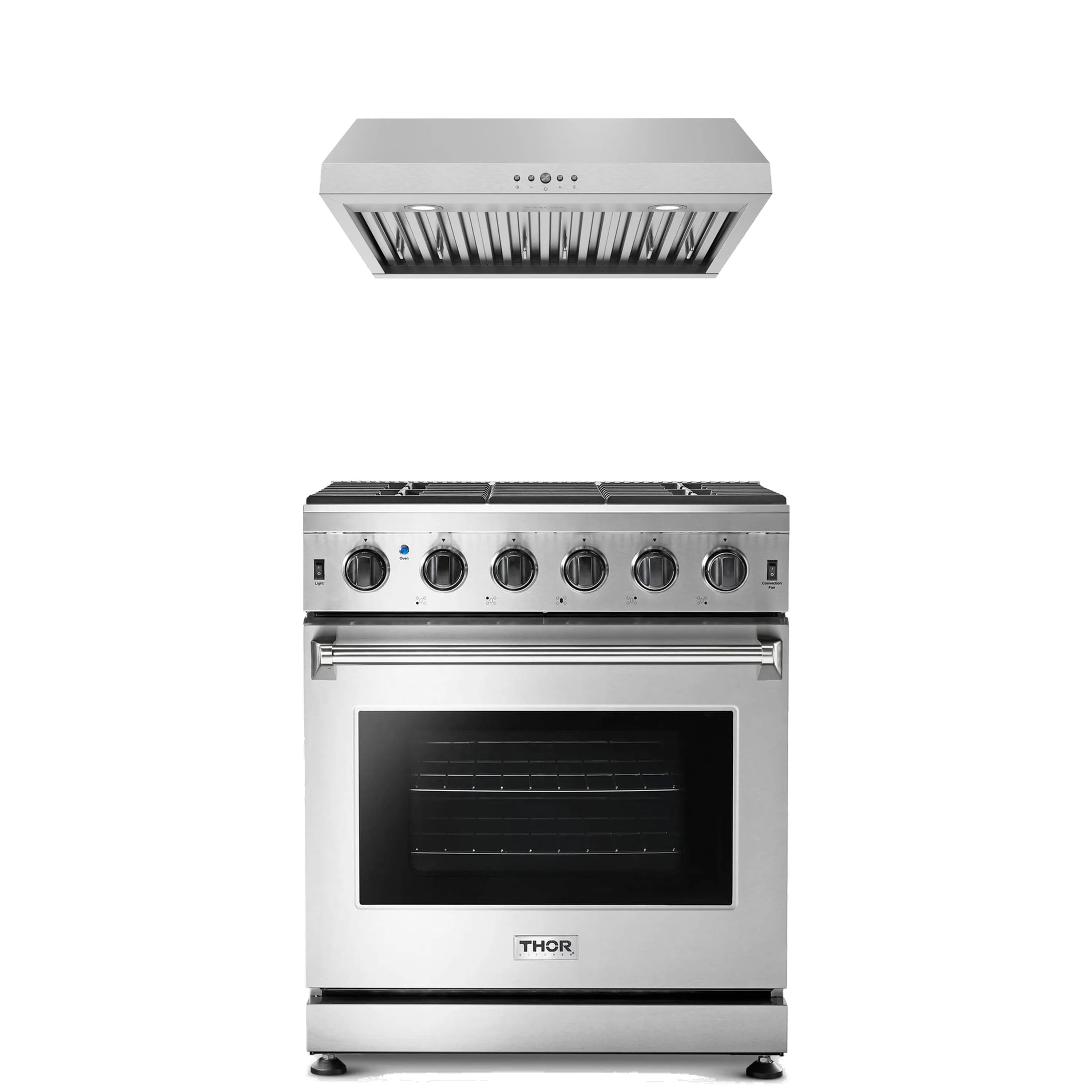 Stainless steel under-cabinet range hood and propane gas range, front view