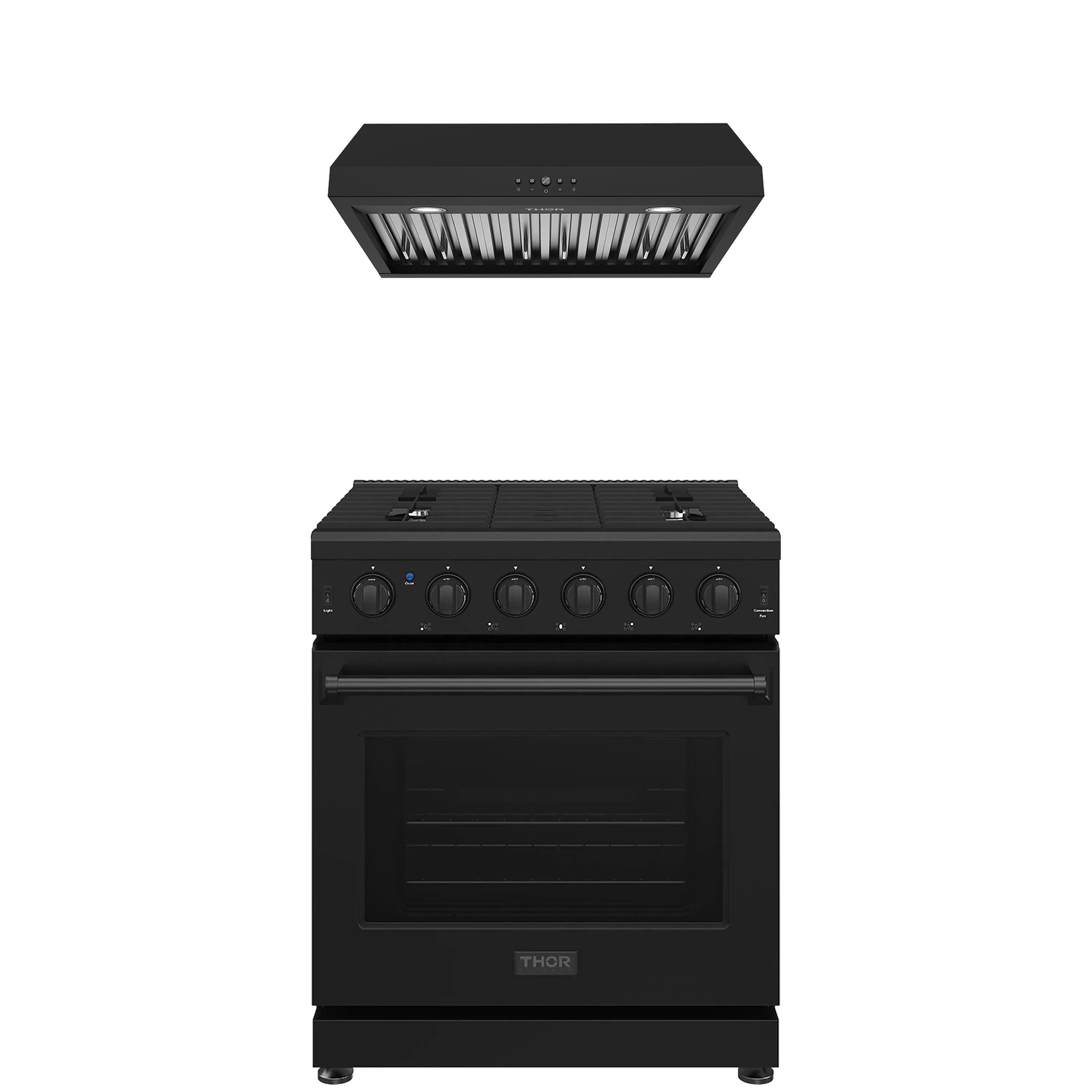 Black gas range with under-cabinet hood, control knobs and oven door