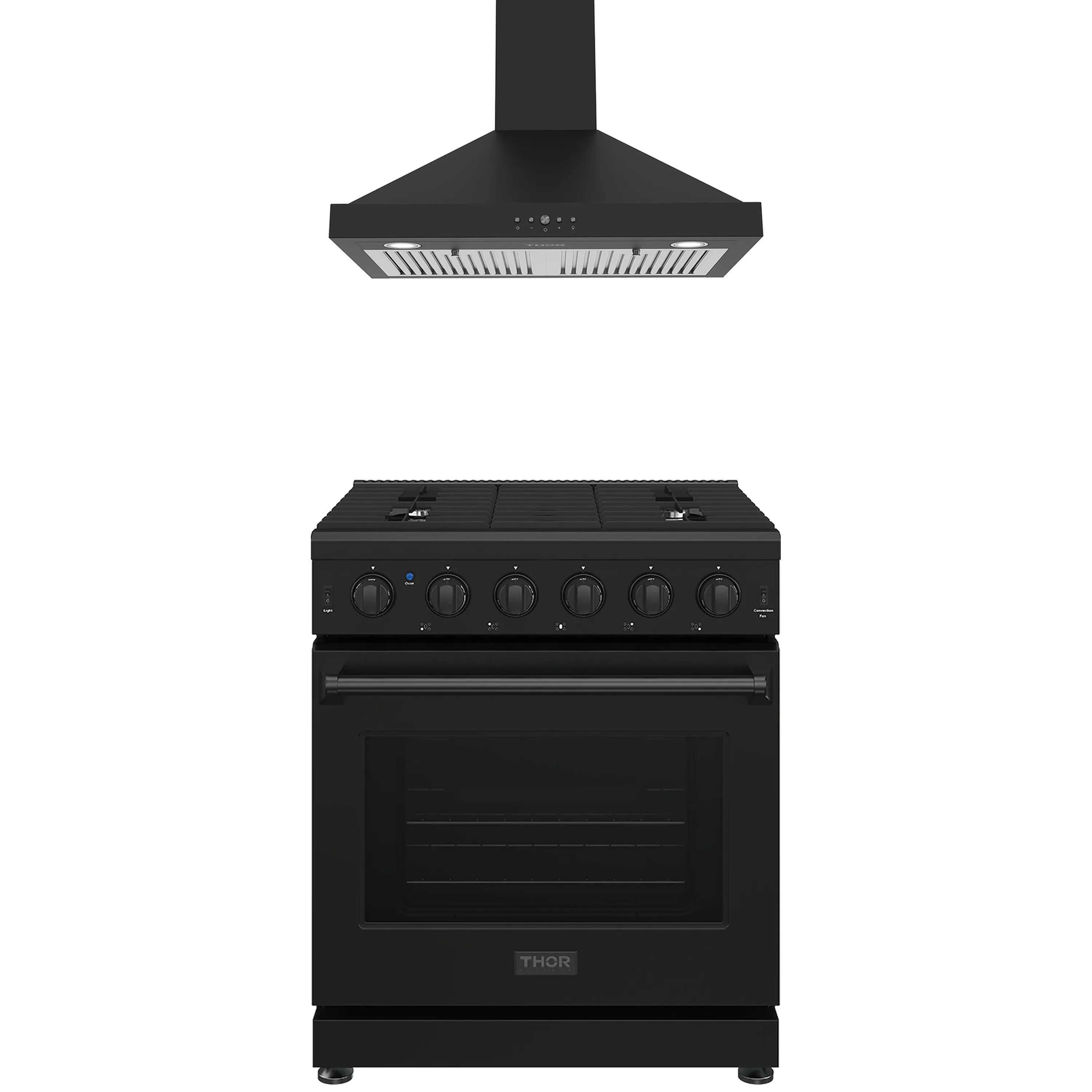 Black wall-mount range hood and 30-inch propane gas range with glass oven door