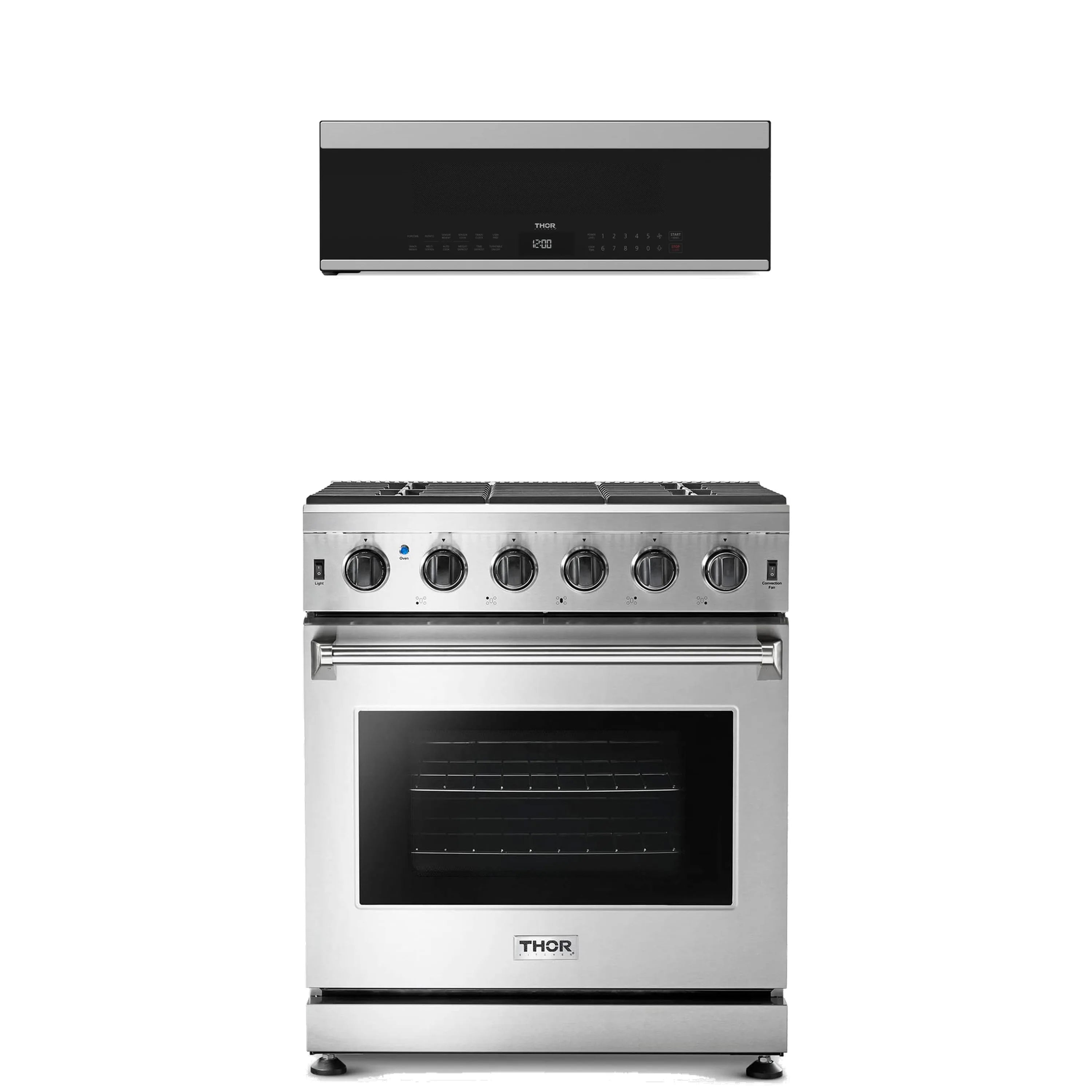 Stainless steel over-the-range microwave and 30 in propane gas range with control panel