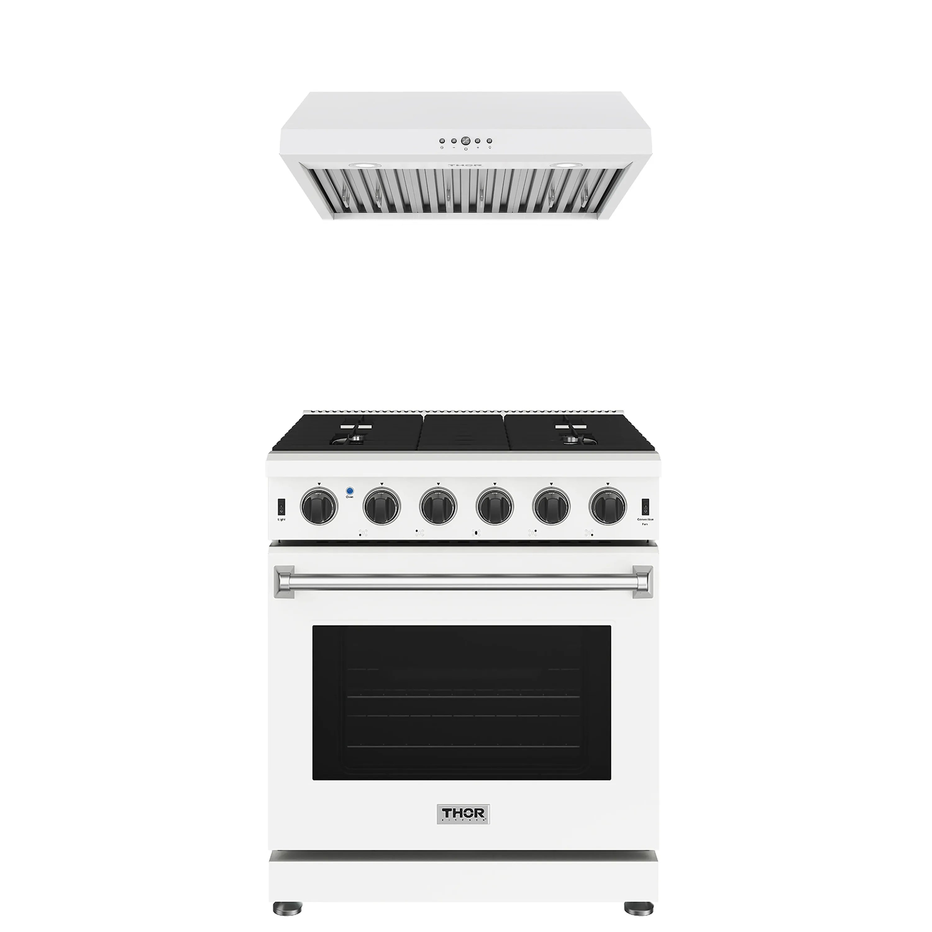 White gas range with black cooktop and under-cabinet hood, front view with knobs