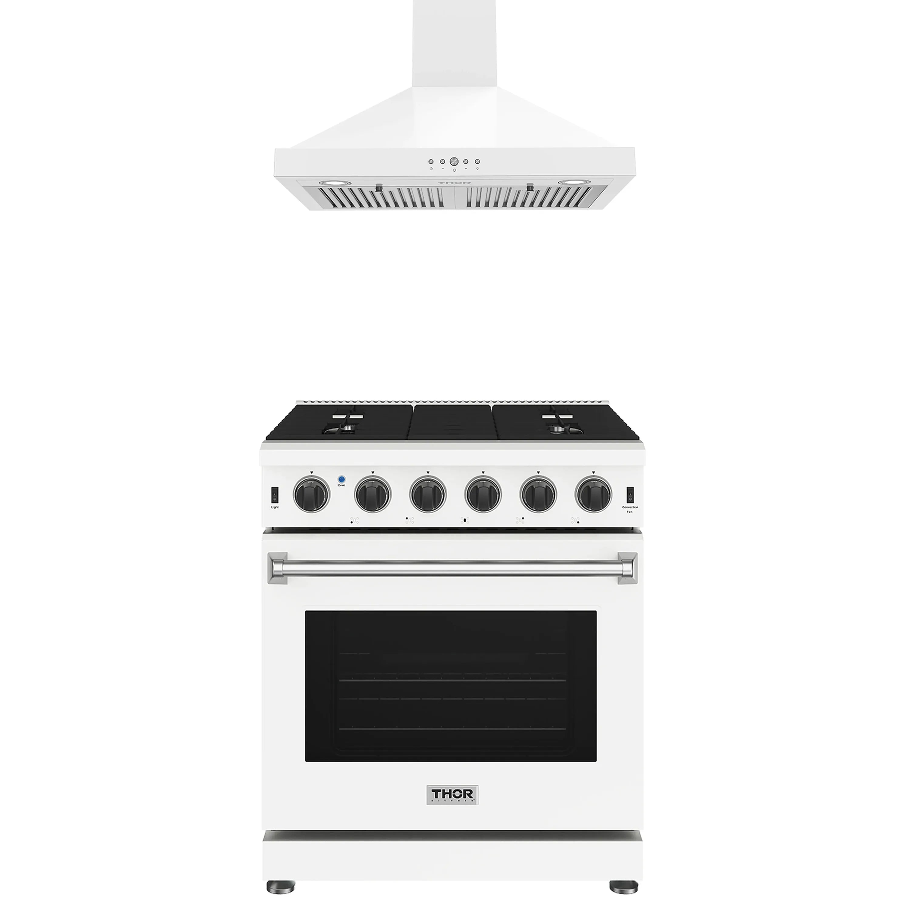White wall-mount range hood and white gas range with black cooktop and control knobs