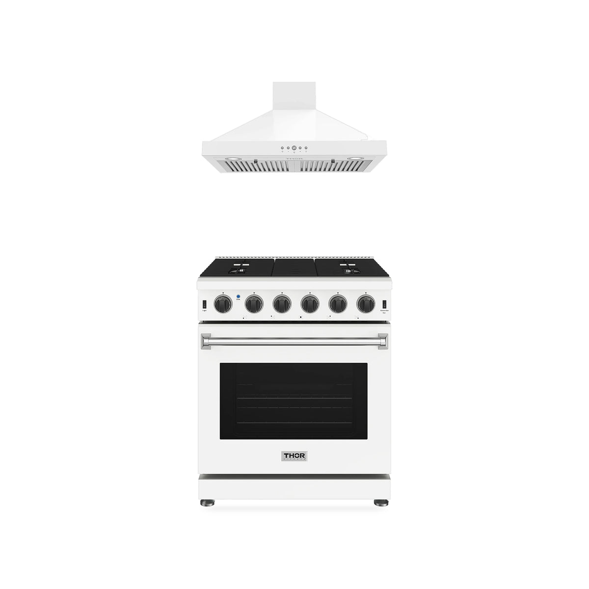 Thor Kitchen 2-Piece Appliance Package - 30-Inch Propane Gas Range & Wall Mount Hood in White