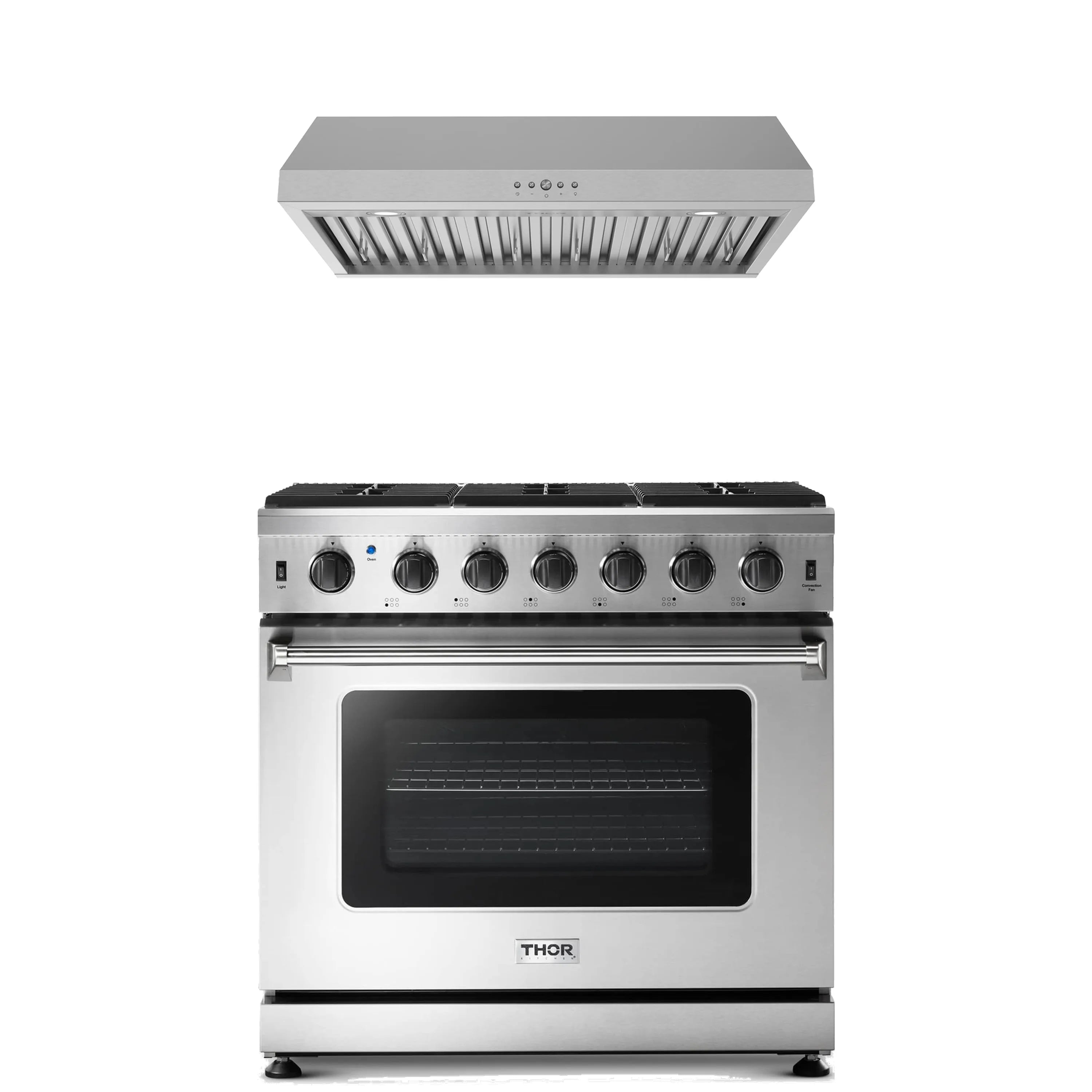 Stainless steel under-cabinet hood above stainless gas range with control knobs
