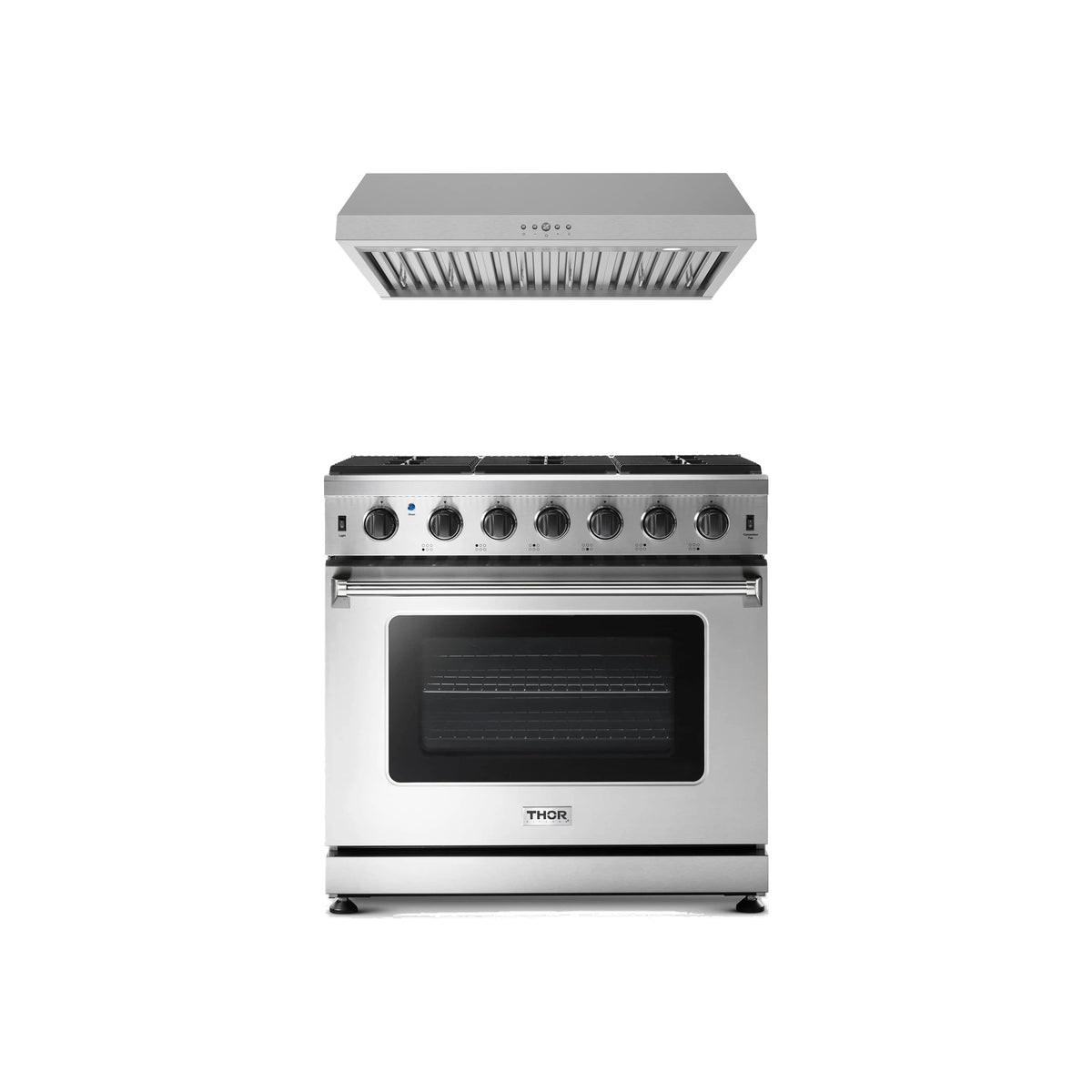 Thor Kitchen 2-Piece Appliance Package - 36-Inch Natural Gas Range & Under Cabinet Hood in Stainless Steel