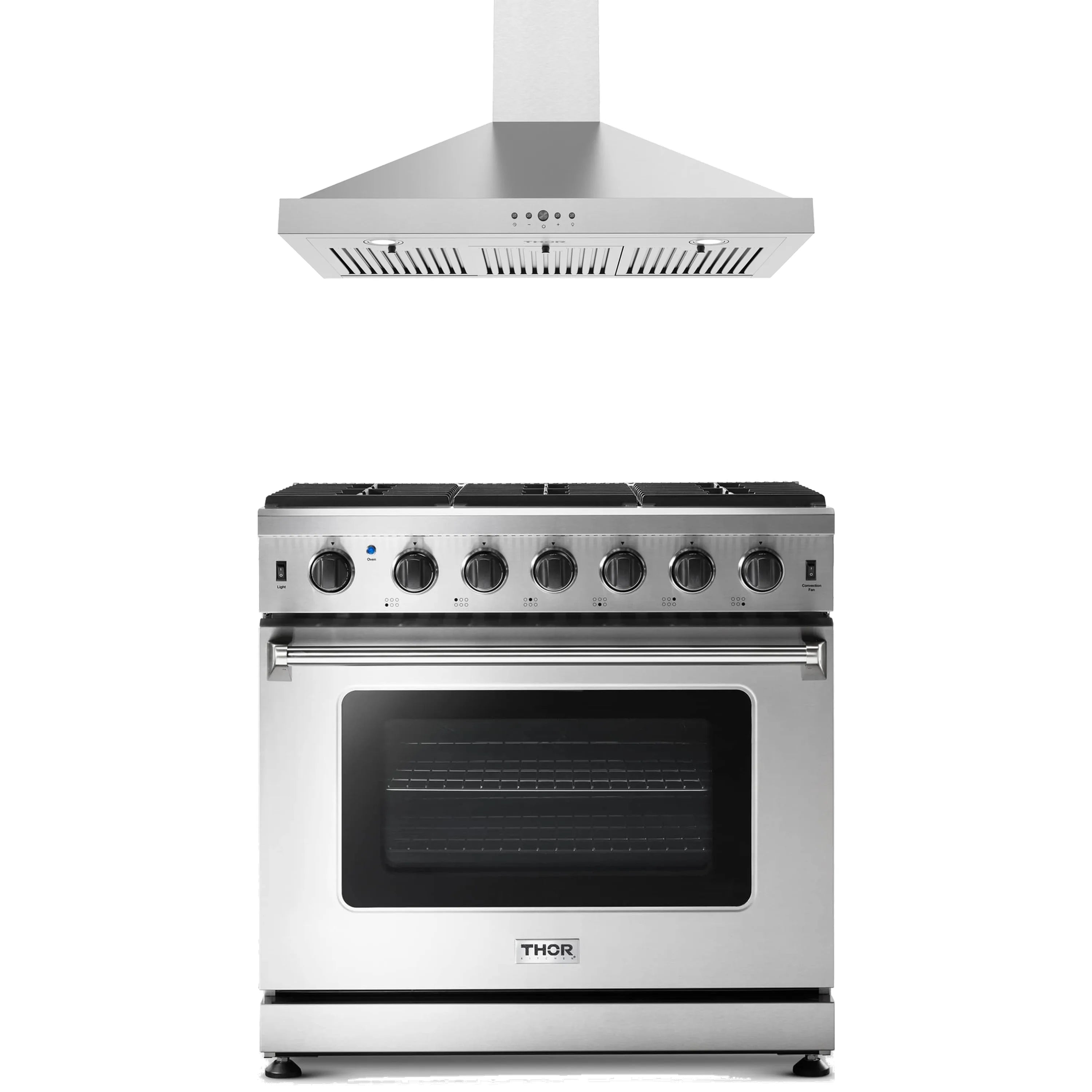Stainless steel wall hood over 36-inch gas range with control knobs and window