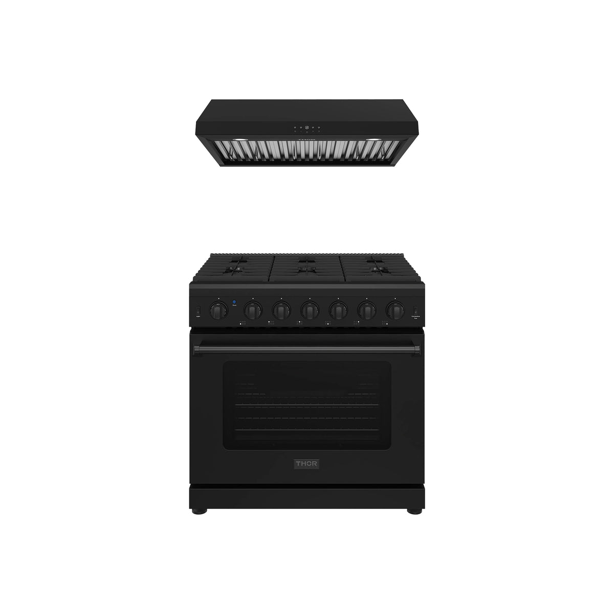 Thor Kitchen 2-Piece Appliance Package - 36-Inch Natural Gas Range & Under Cabinet Hood in Black