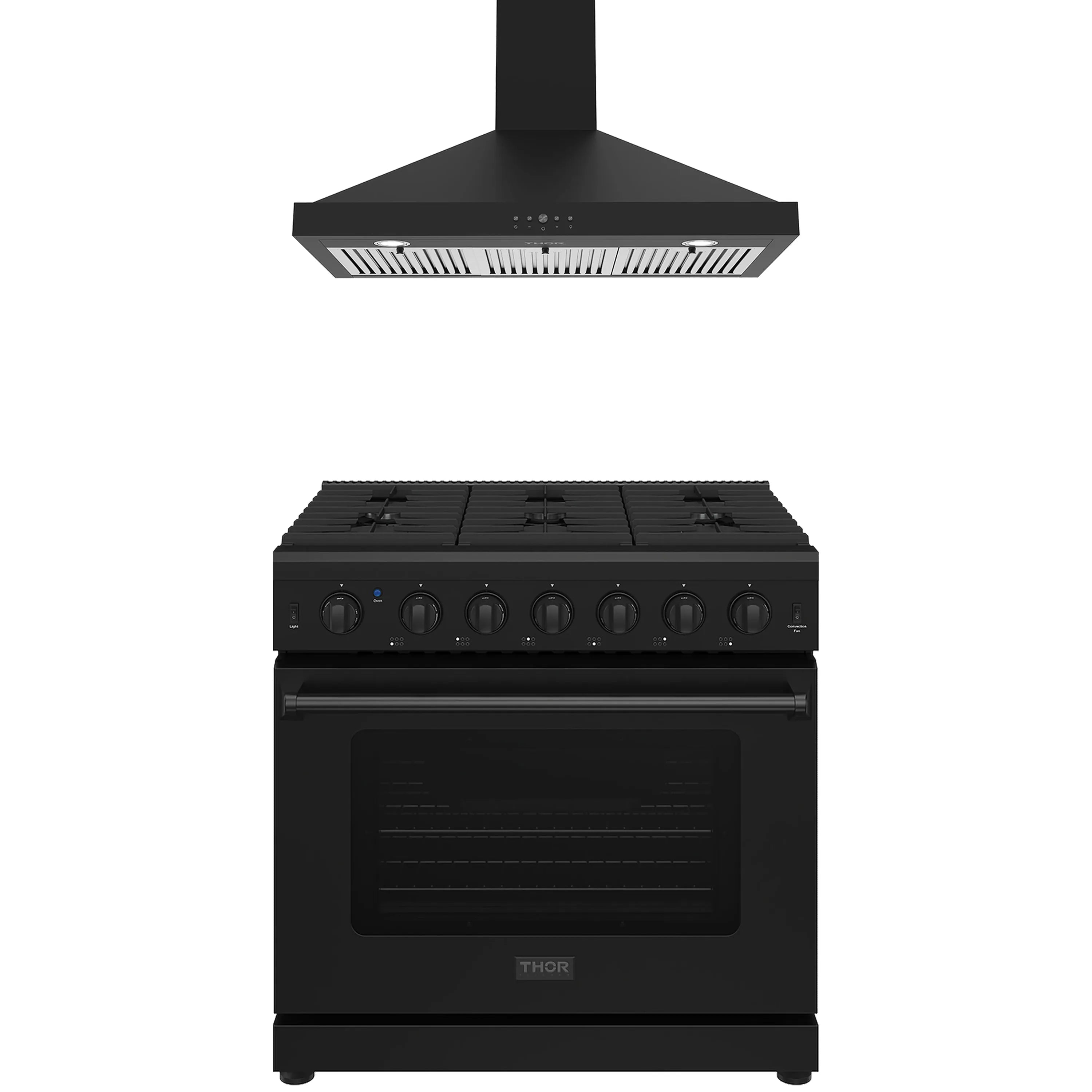 Black wall-mount range hood and black gas range, front view with control knobs