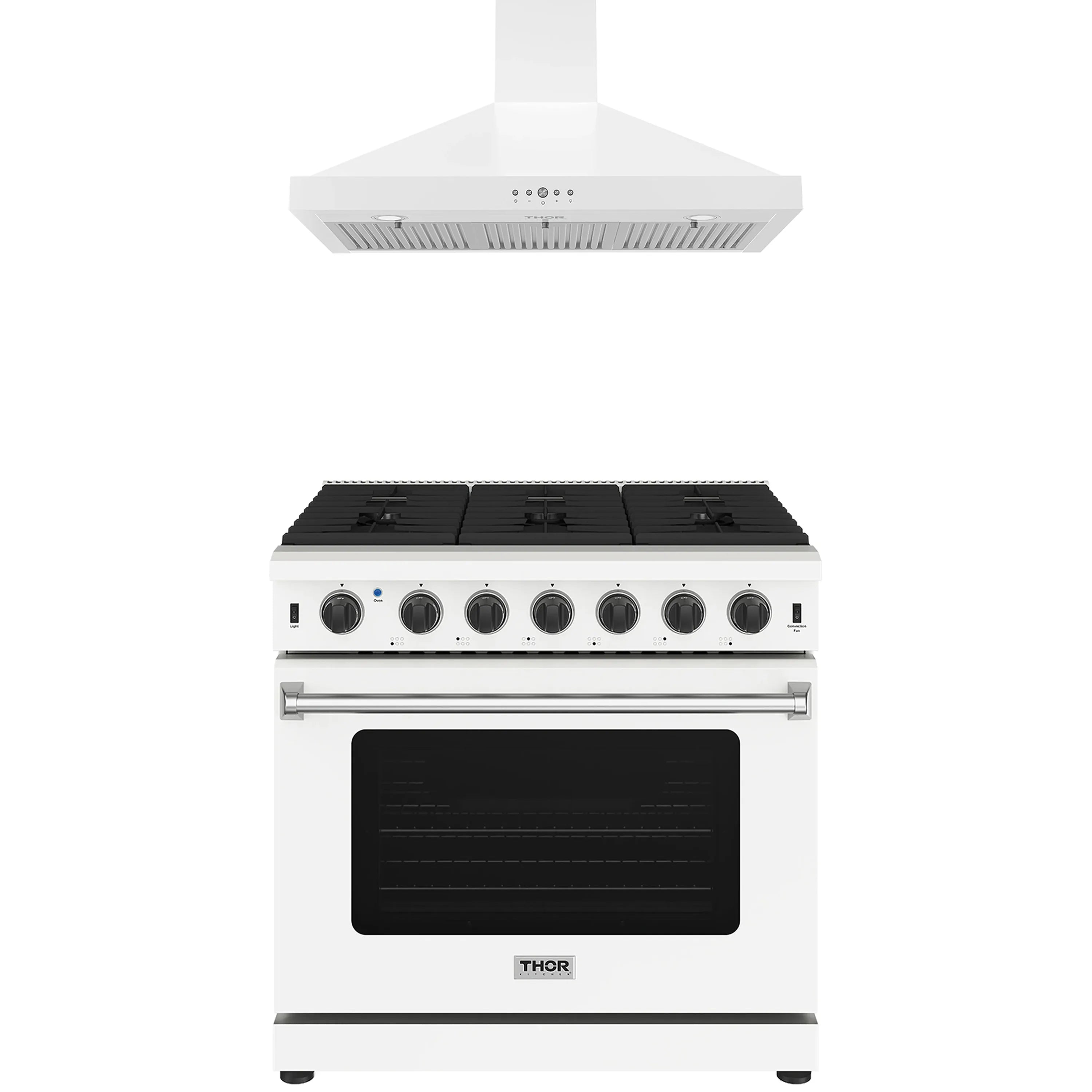White gas range with wall-mount hood, black cooktop grates and control knobs