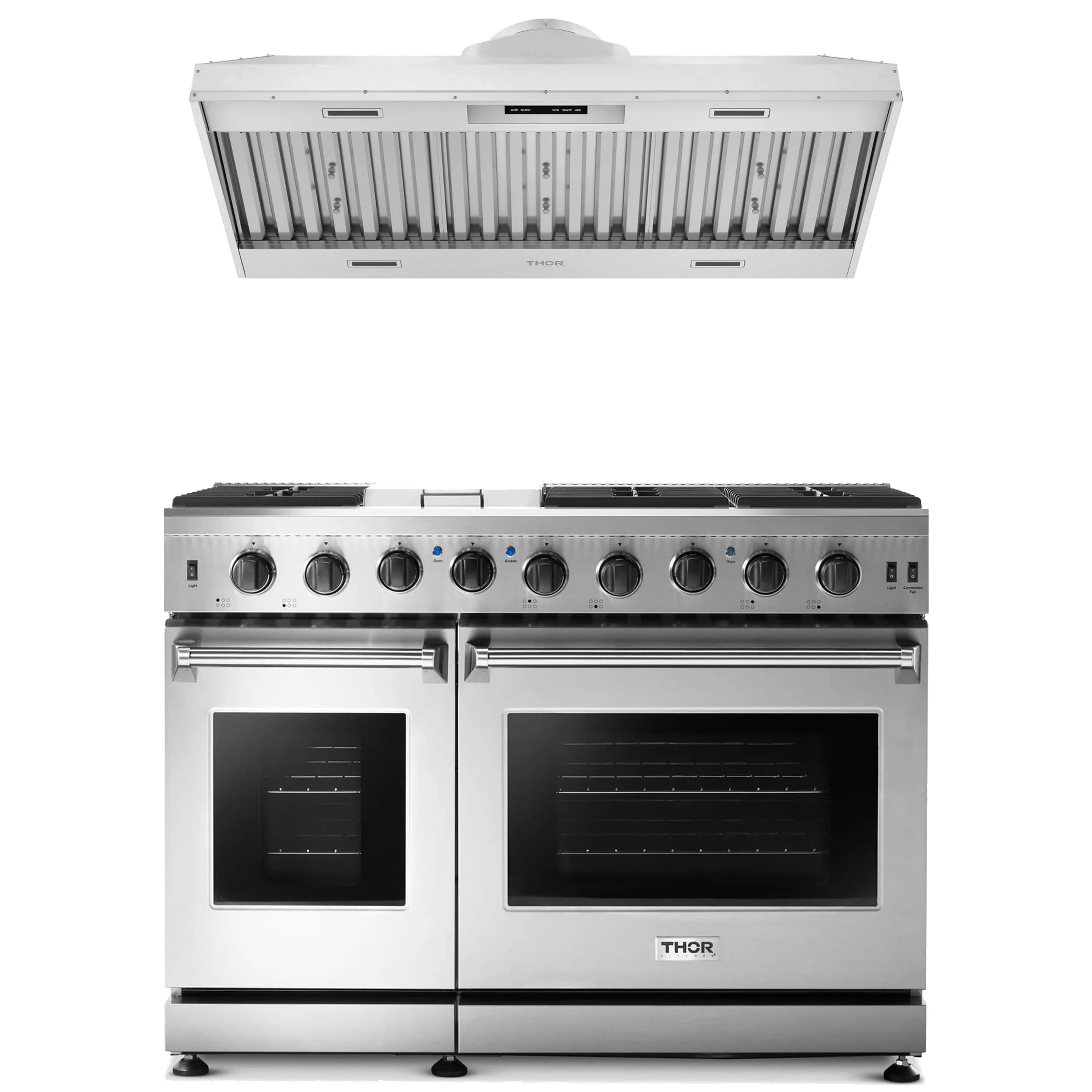 Stainless steel gas range with black oven doors and control knobs; matching hood insert above