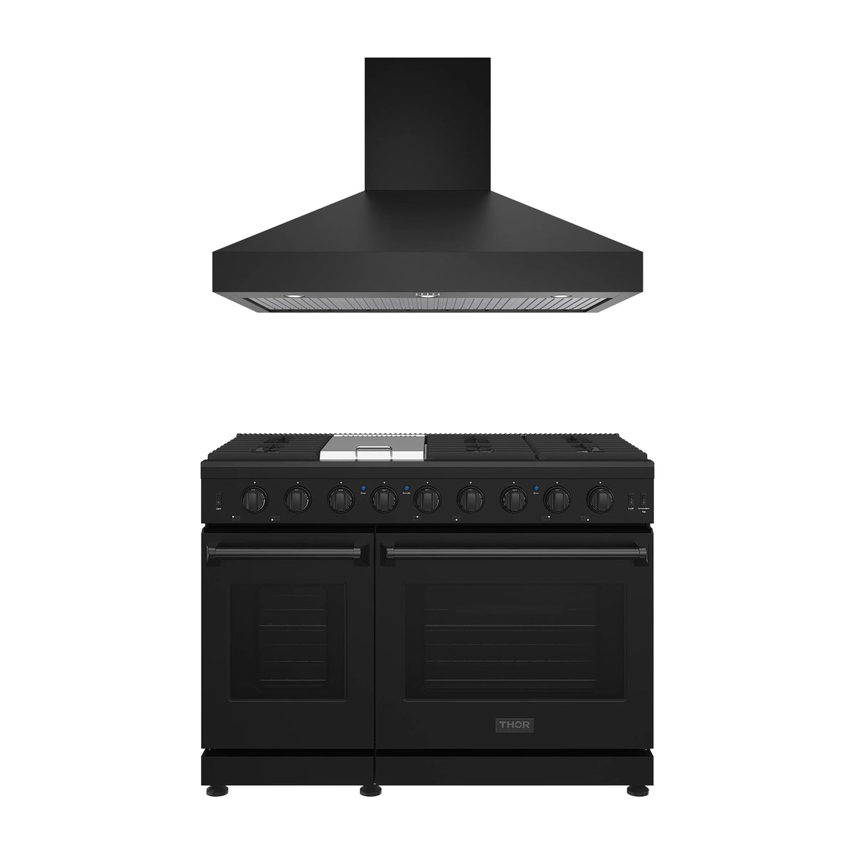 Thor Kitchen 2-Piece Appliance Package - 48-Inch Propane Gas Range & Wall Mount Hood in Black
