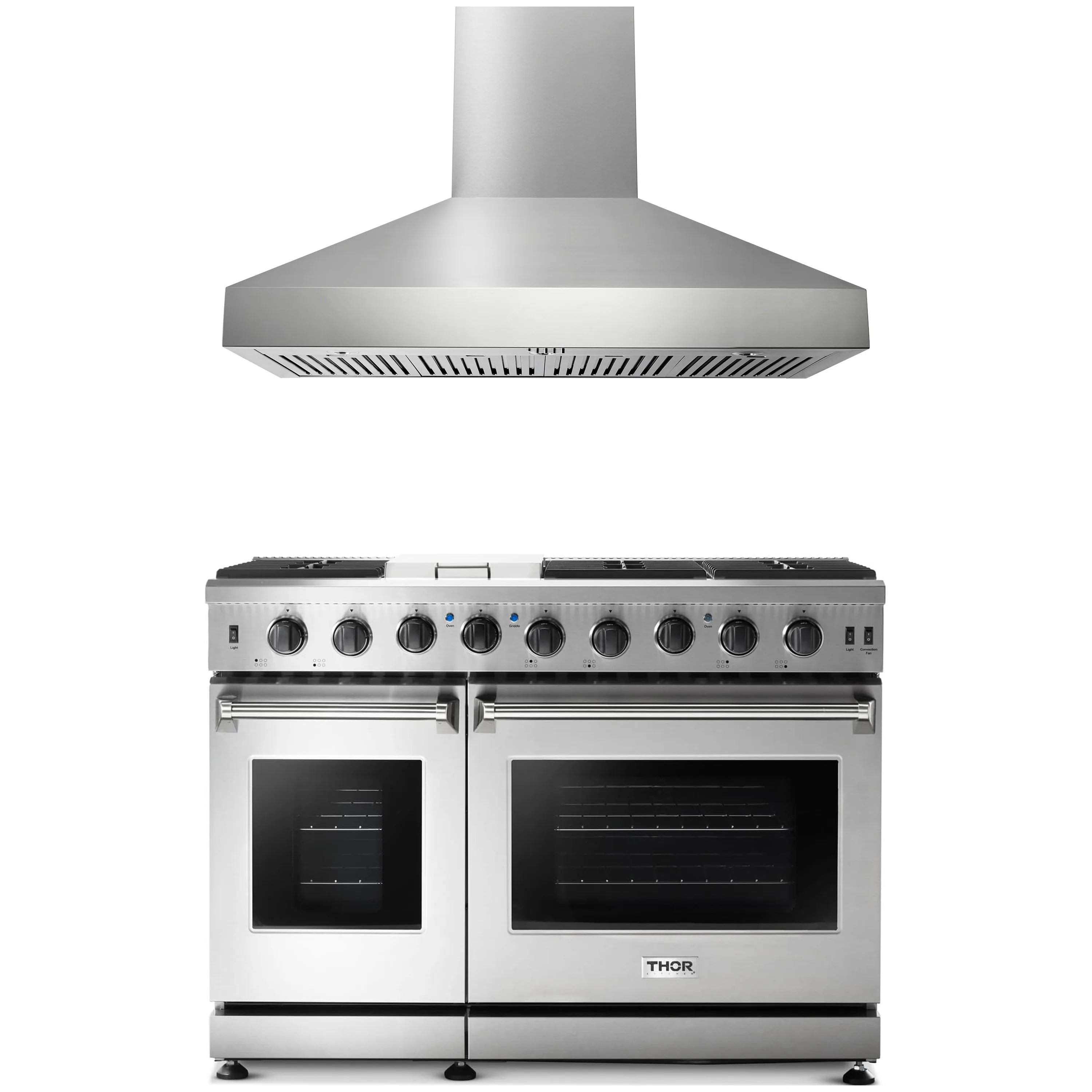 Thor Kitchen stainless steel propane gas range with wall-mount hood, double ovens