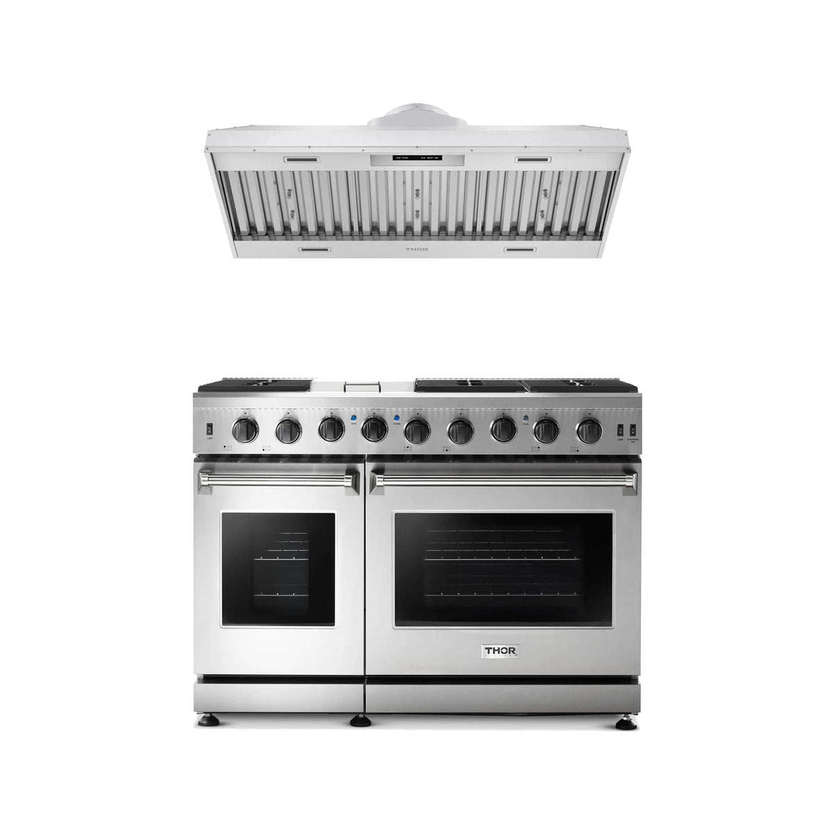Thor Kitchen 2-Piece Appliance Package - 48-Inch Propane Gas Range & Hood Insert in Stainless Steel