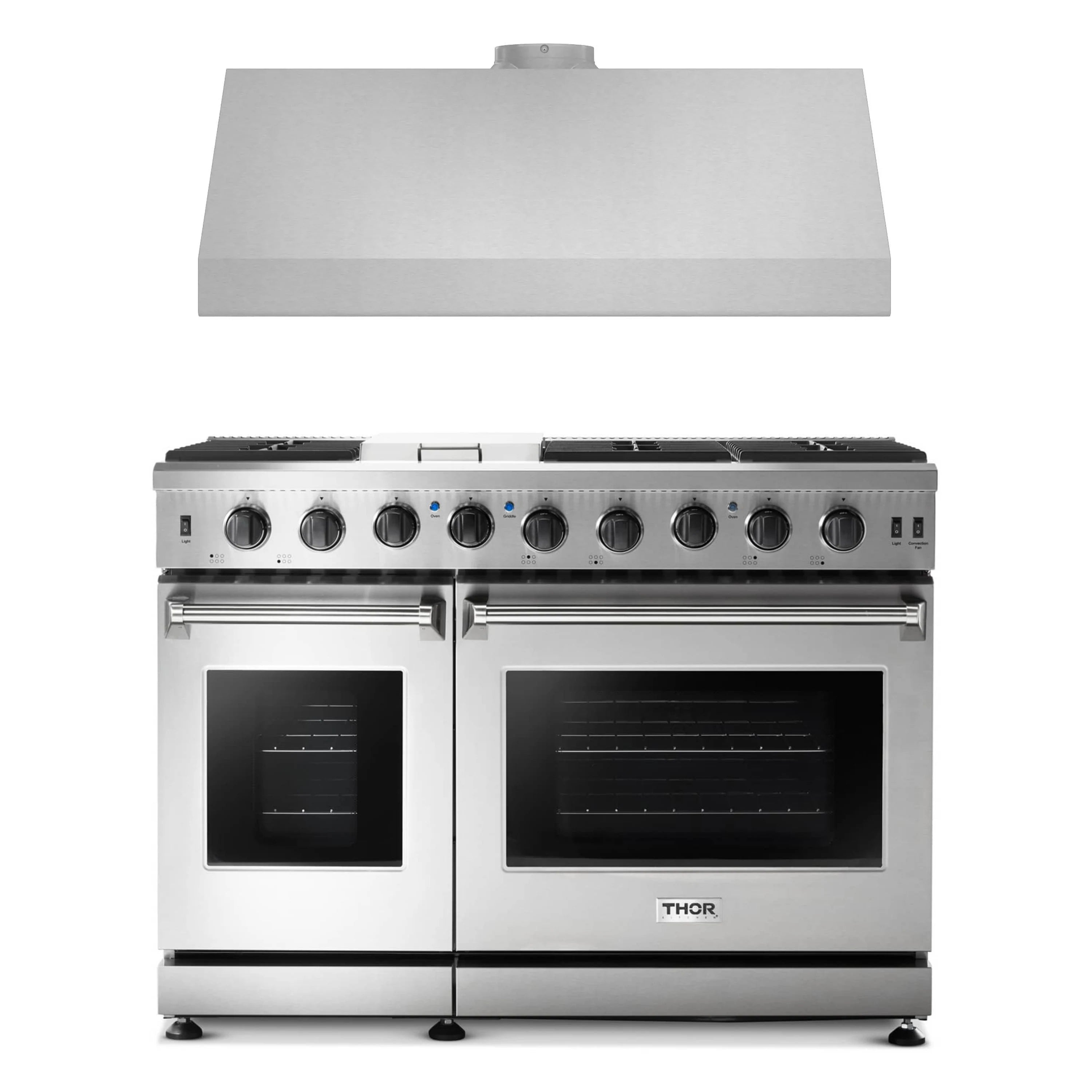 Stainless steel 48-inch gas range with two ovens and front control knobs