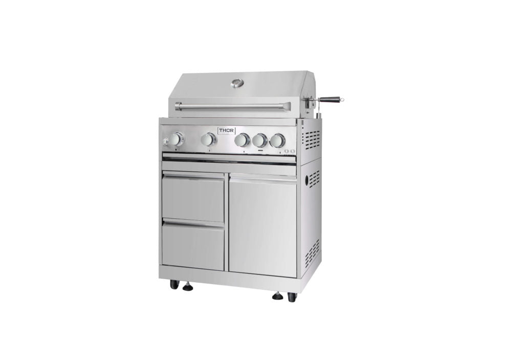 Thor Kitchen freestanding gas grill with stainless steel body and control knobs