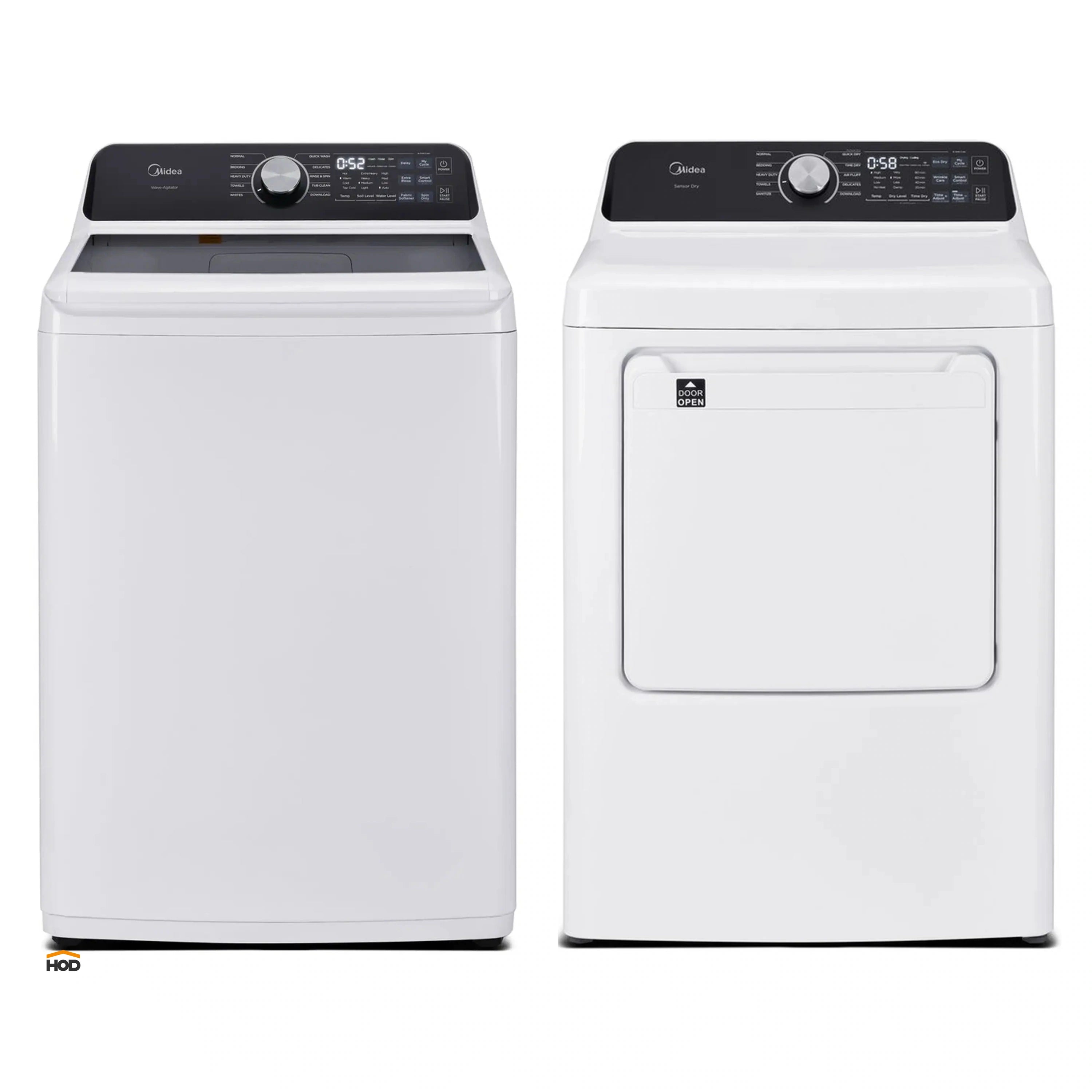 Midea washer and electric dryer package in white, side-by-side units