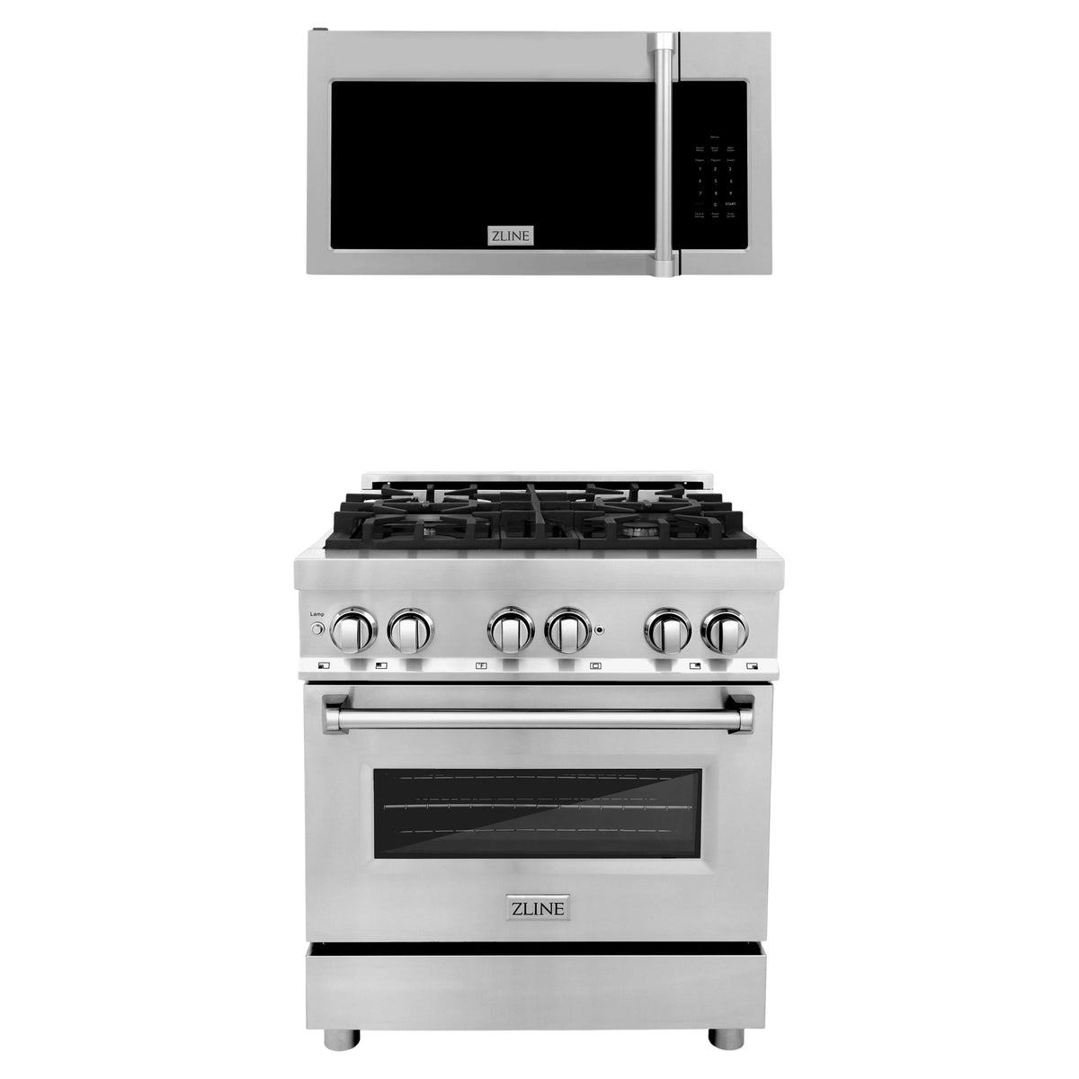 ZLINE 2-Piece Appliance Package - 30-inch Dual Fuel Range and Over-the-Range Microwave in Stainless Steel