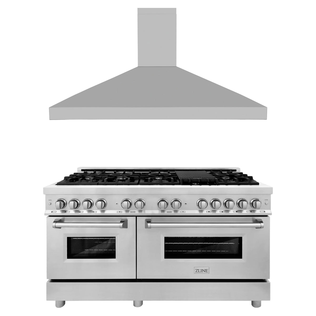 ZLINE 2-Piece Appliance Package - 60-inch Dual Fuel Range & Convertible Vent Range Hood in Stainless Steel