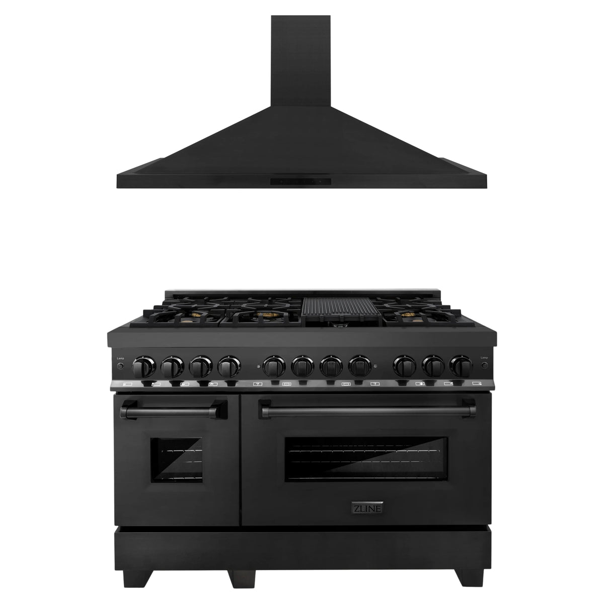 ZLINE 2-Piece Appliance Package - 48-inch Dual Fuel Range with Brass Burners & Convertible Wall Mount Hood Combo in Black Stainless Steel