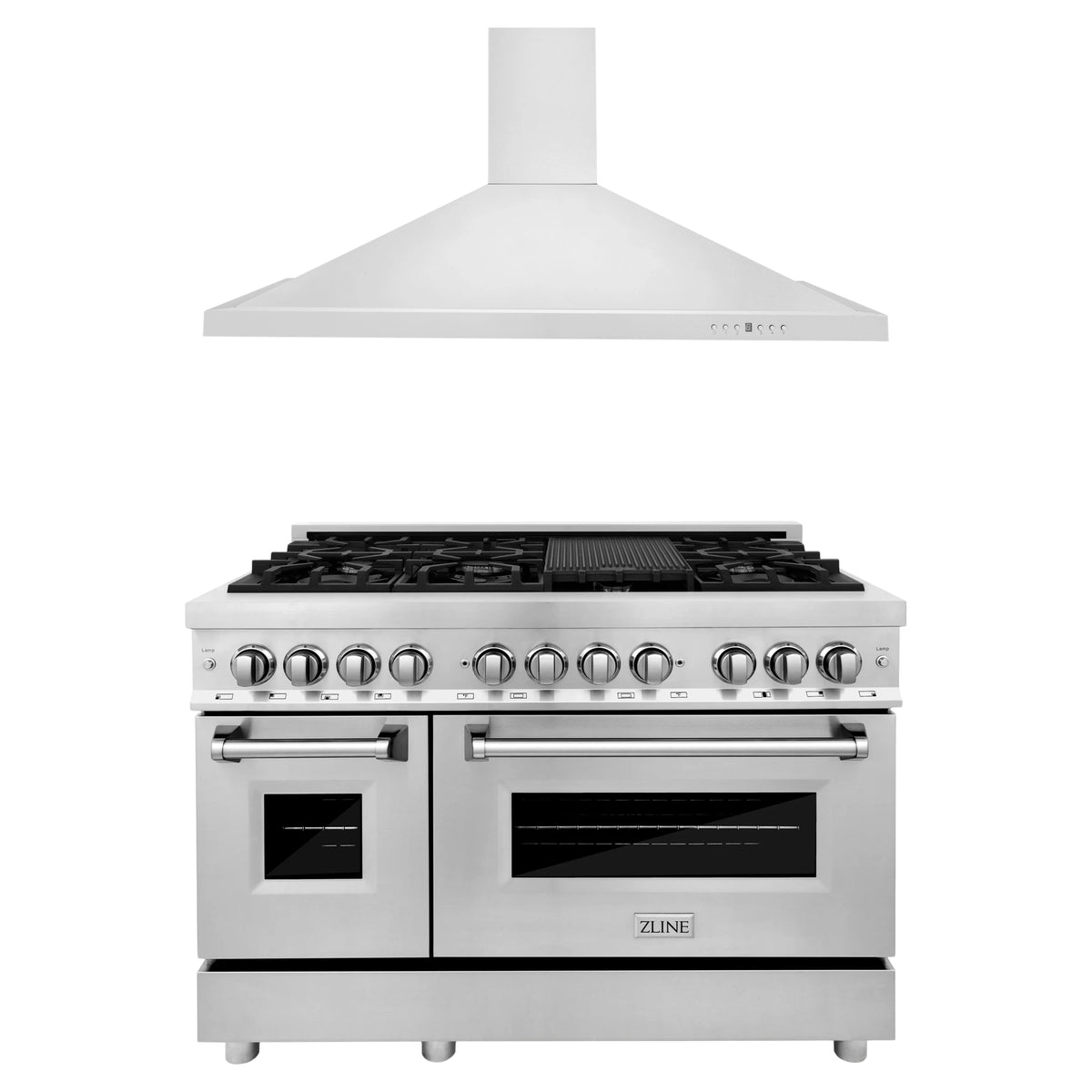 ZLINE 2-Piece Appliance Package - 48-inch Dual Fuel Range & Convertible Vent Hood in Stainless Steel