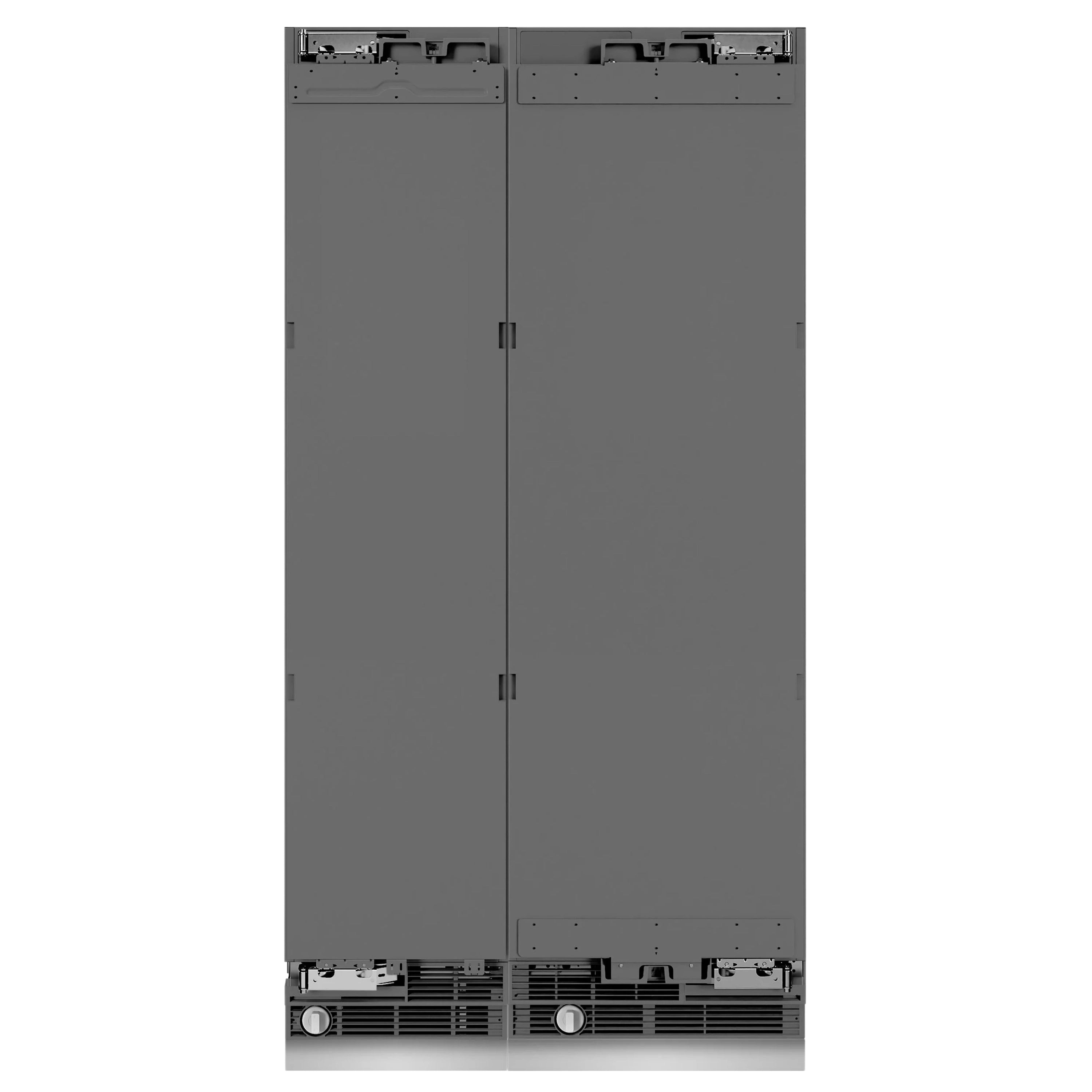Panel-ready column refrigerator/freezer with two gray doors and recessed handle openings