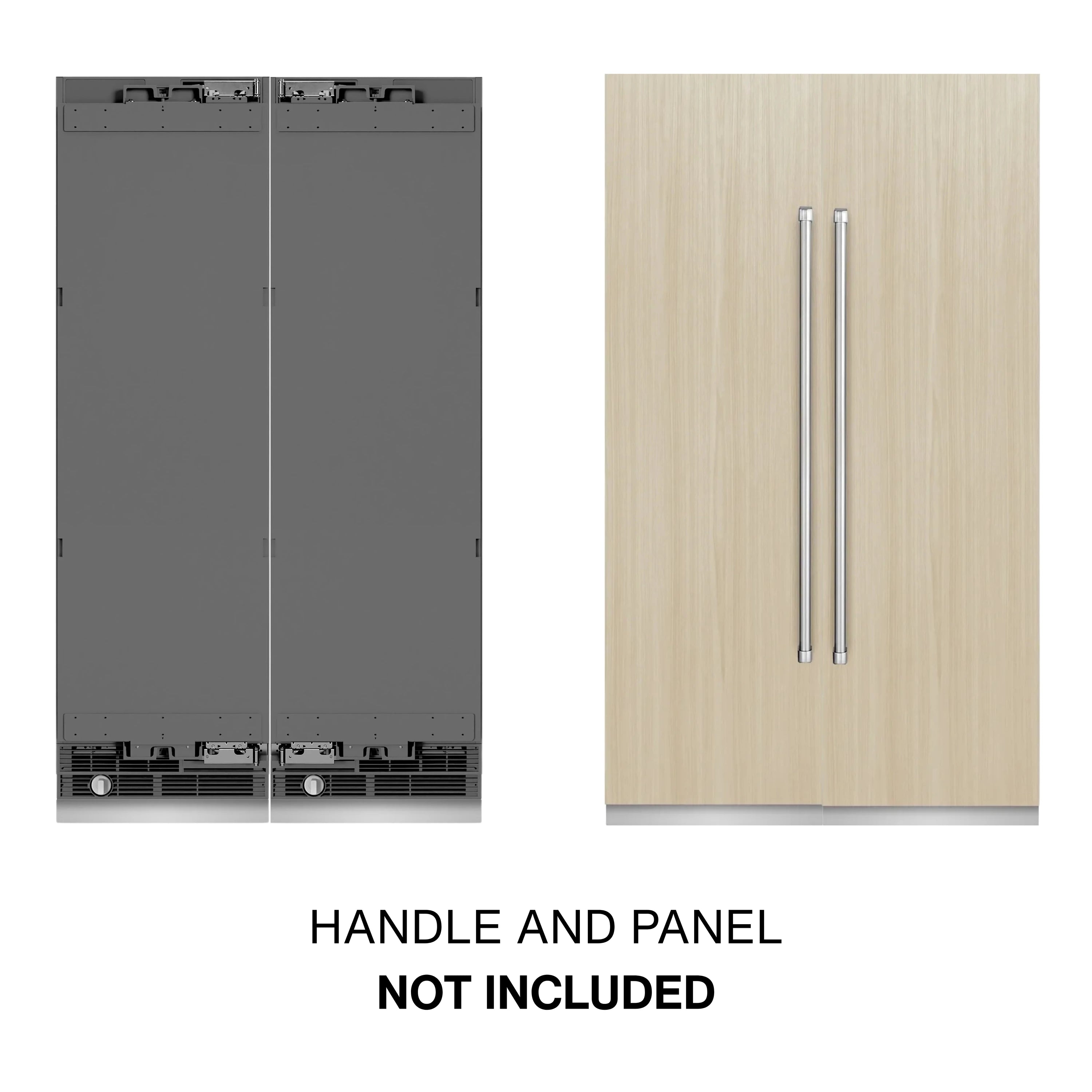 Panel-ready refrigerator/freezer with handle cutouts; handle and panel not included