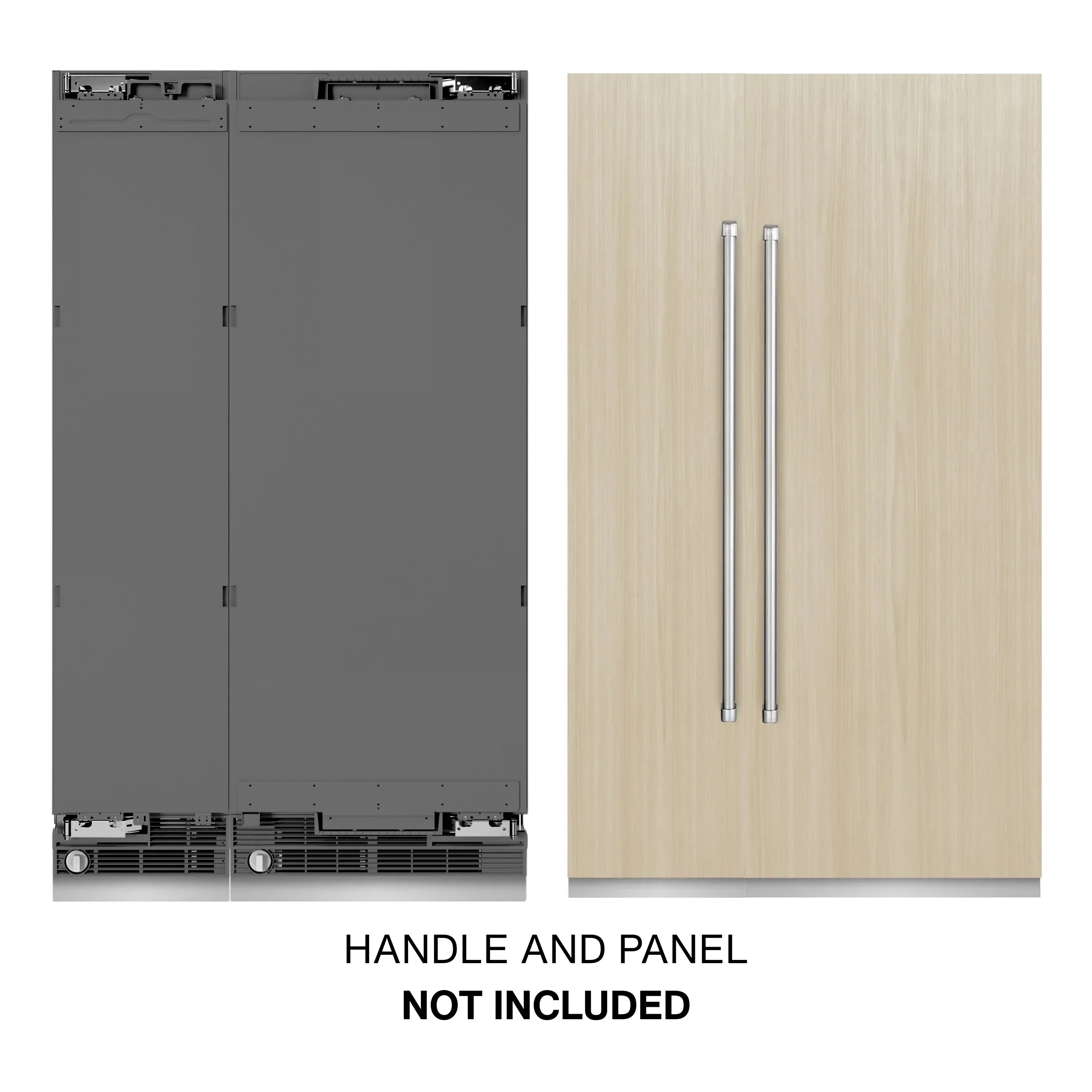 Panel-ready refrigerator/freezer showing handle-and-panel area; handle and panel not included