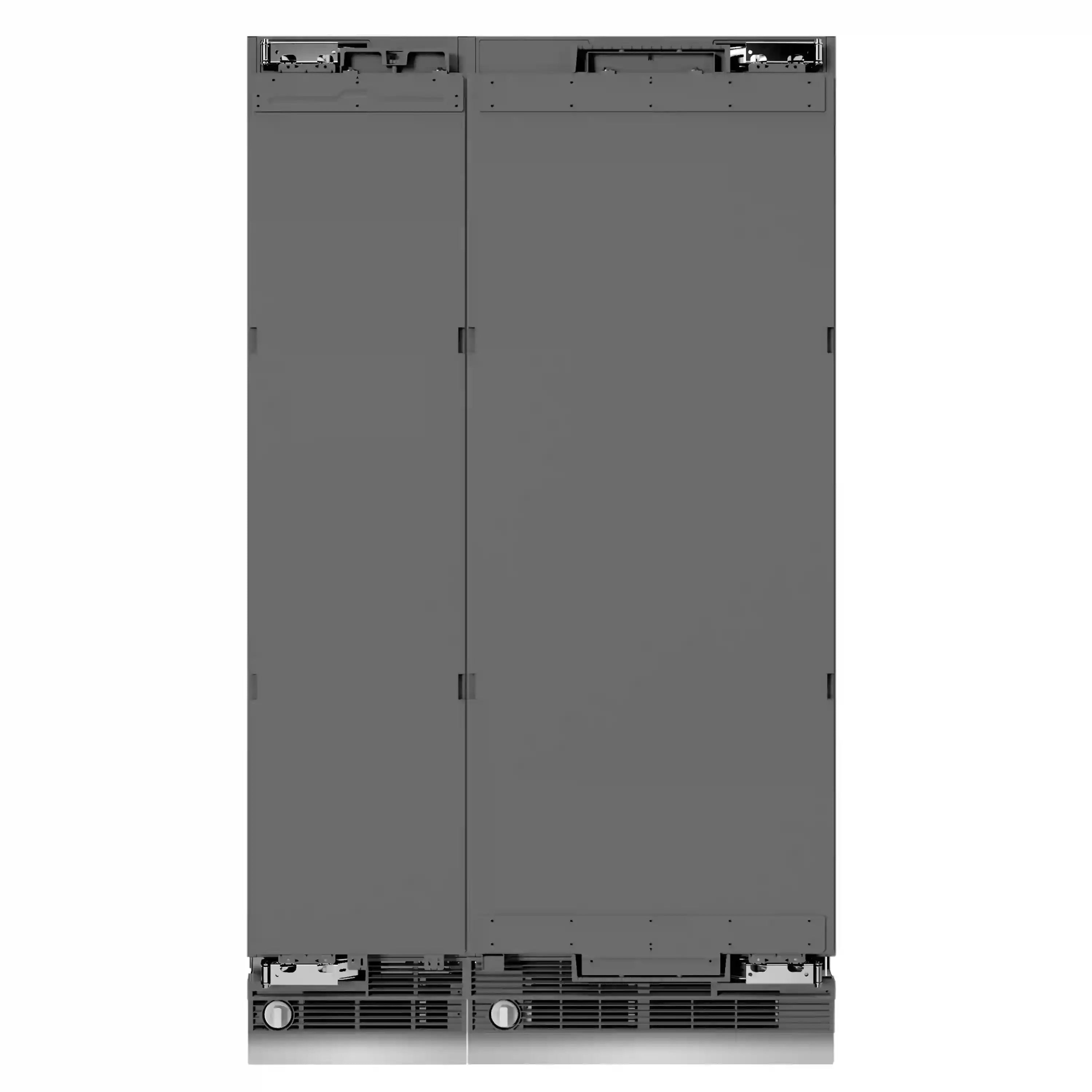 Panel-ready refrigerator/freezer with two gray door panels and internal mounting brackets
