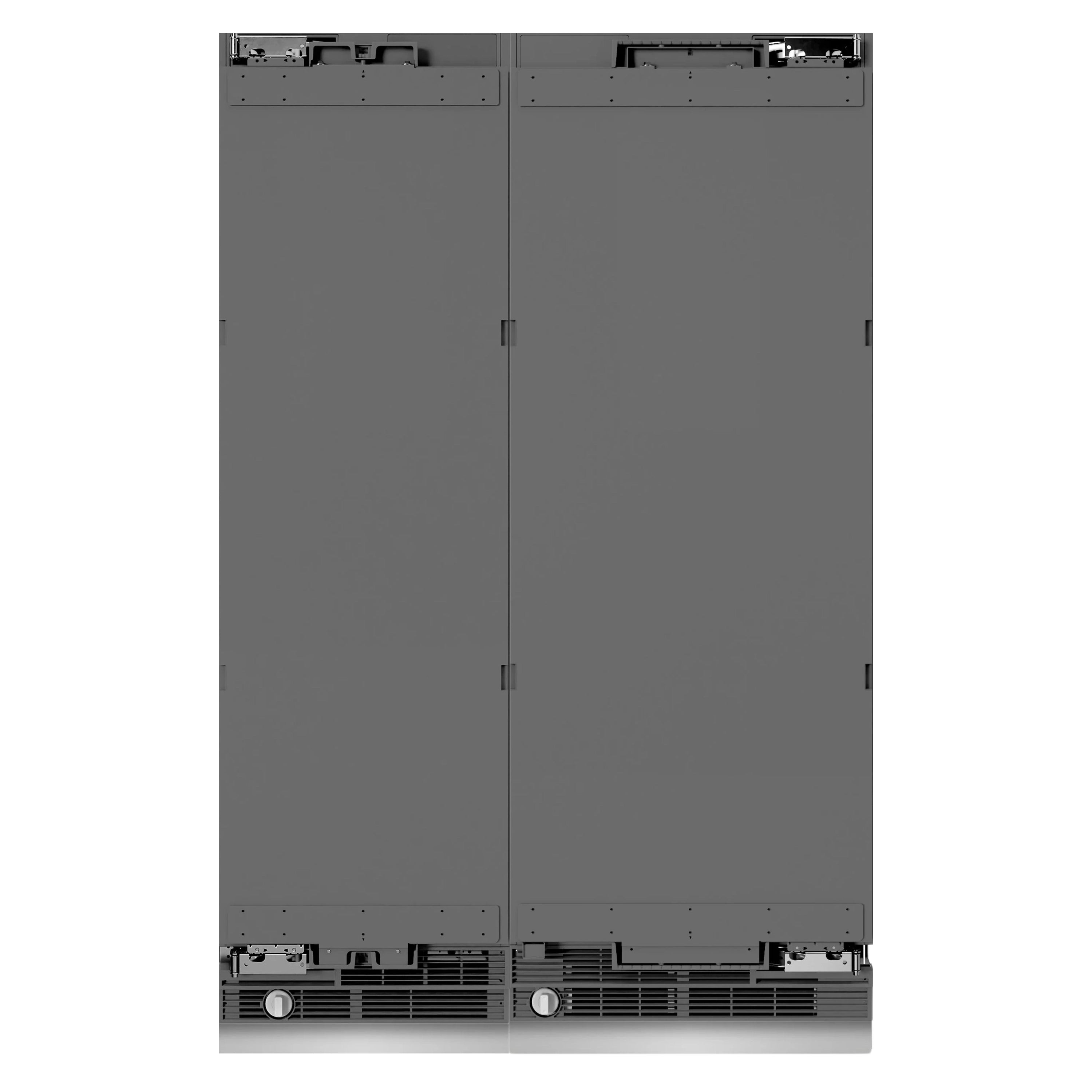 Panel-ready refrigerator and freezer with two gray door panels and bottom vents